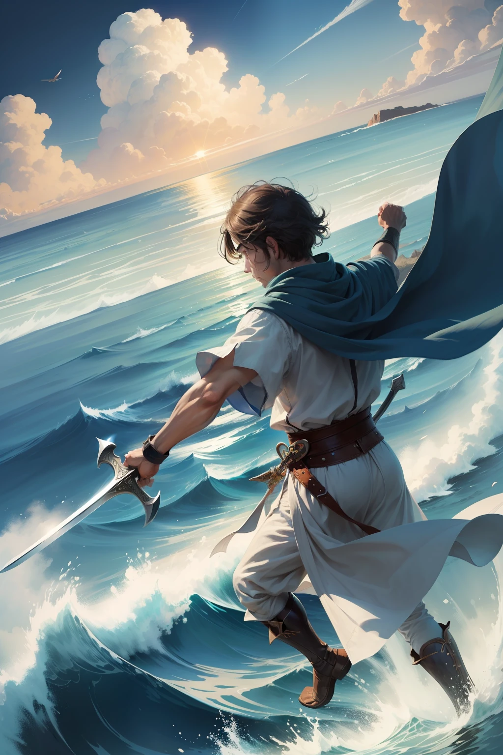 Draw a man flying with a sword in the air of sky background, sketch of an ocean in ms paint, ancient wind, Royal Sword,, ms paint drawing, based on child's drawing, drawn with a single line, outlined art, stickfigure