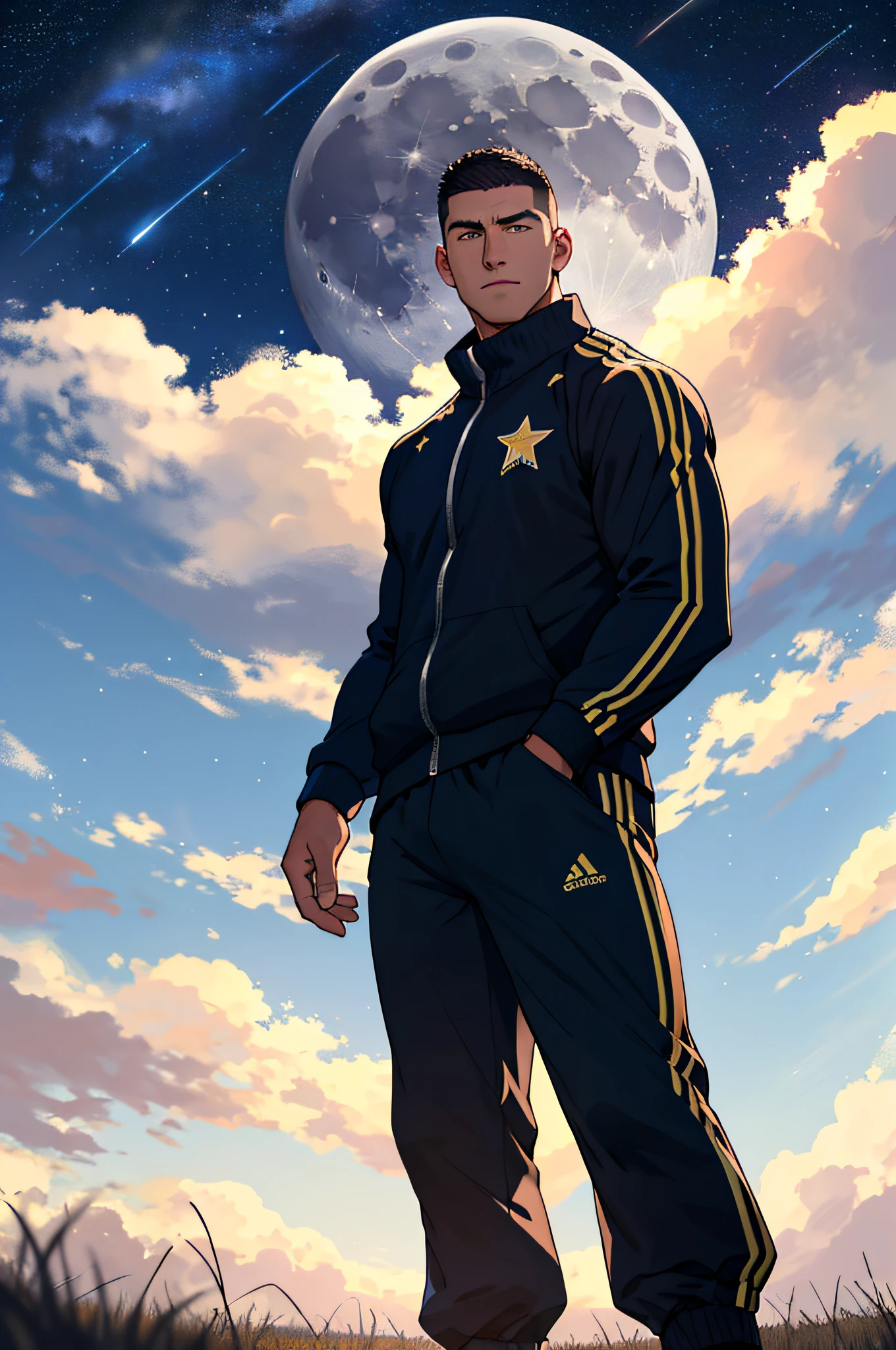 Draw a full-fledged footballer,Standing on the steppe at night,He was wearing a tracksuit,The man looks confident and determined,looking-down,Crew cut,full bodyesbian,Stars dot the sky,shooting from below,Big moon highlights background