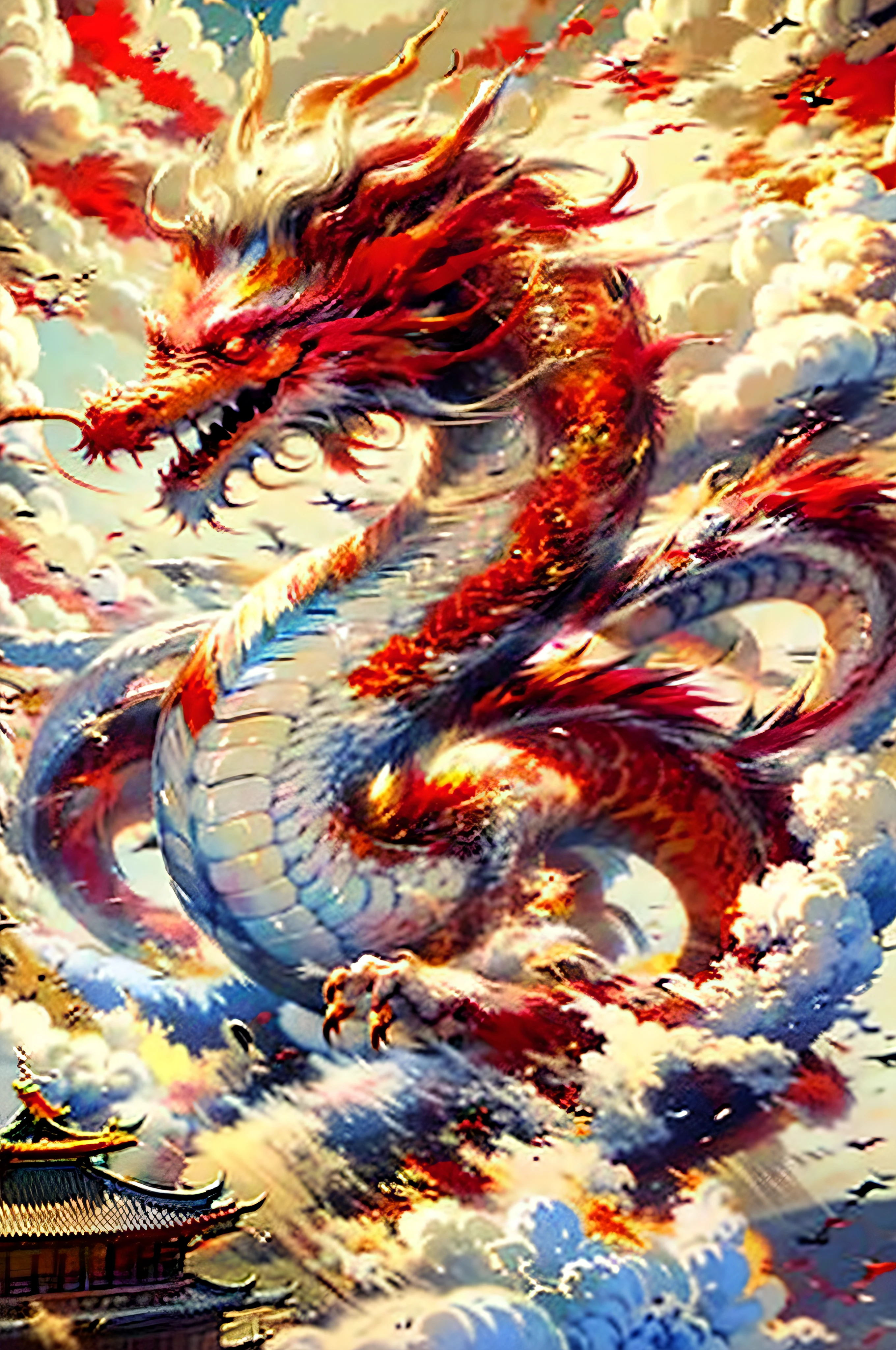 Best quality at best，tmasterpiece，超高分辨率，without humans，（The long：1.2），，without humans，​​clouds，buliding，east asian architecture，red eyes，banya，with her mouth open，Skysky，Fang，Red oriental dragon，（The whole body is red：1.5）mostly cloudy sky，teeth，flight，firey，The bird，Wings