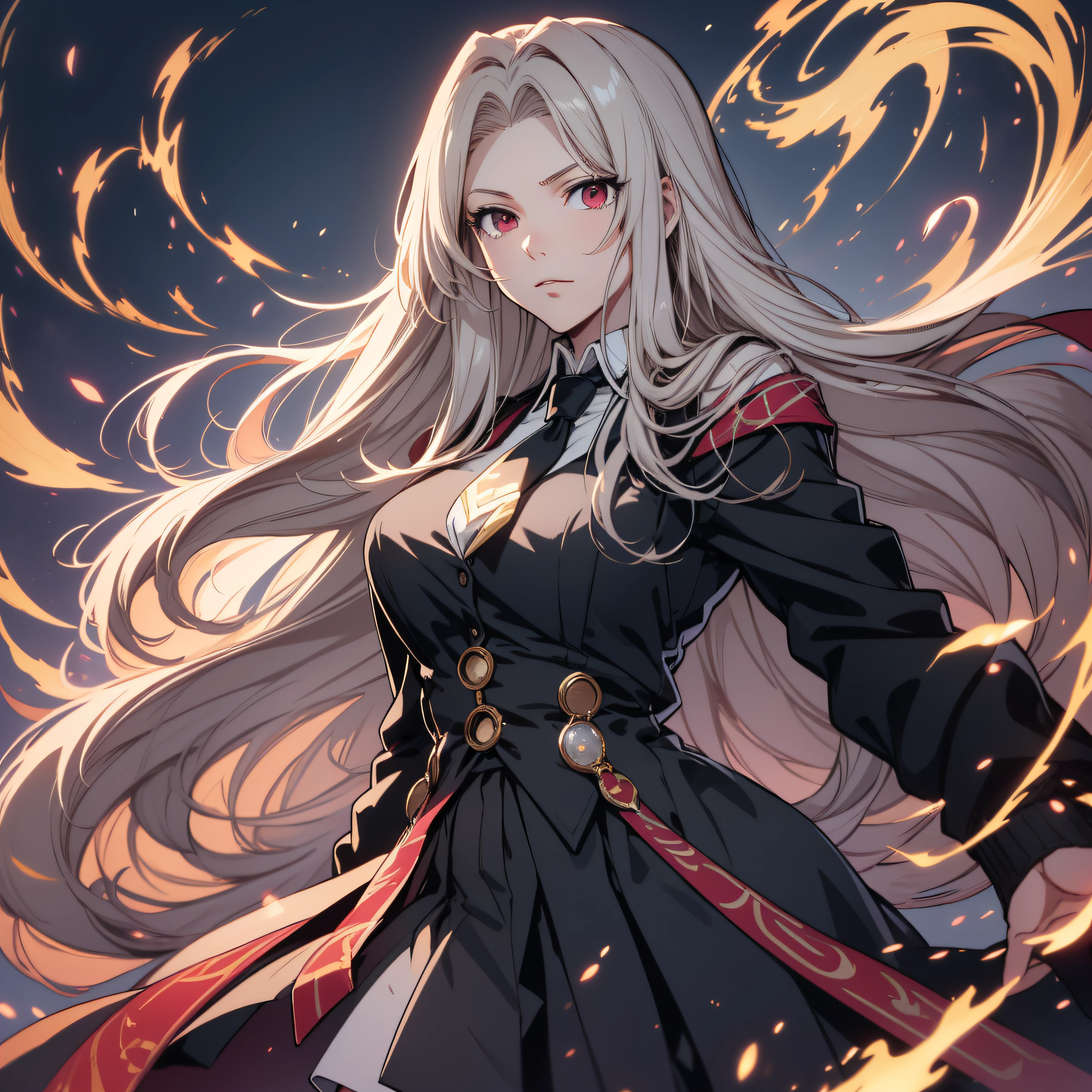 (ultra-detailed, perfect pixel, highrest, best quality), 20 years old Anime girl, smooth anime artstyle, long raven hair, slightly wavy hair, parted bangs, gradient hair color, Magus, red eyes, detailed eyes, beautiful eyes, medium breasts, long black coat, white shirt, ((neckwear, long tie)), black skirt, aristocrat, noble attire, beautiful, ethereal, elegant, prestigious, dark background, classic, royal, particle effect, smoke effect, lightning, magic light, standing, looking at viewer, ((closed hands, hands below))