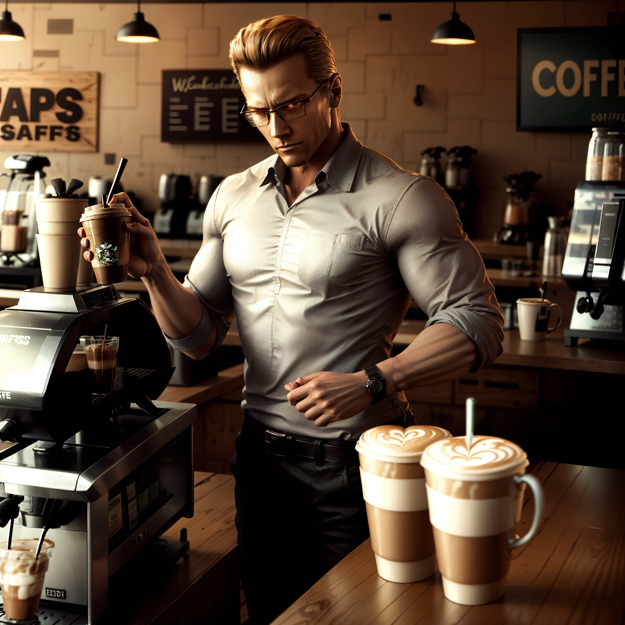 Wesker, dressed as a barista, casual linen clothes, at a coffee shop, high quality, middle aged, clear glasses, toned body, civilian barista clothes, in a starbucks