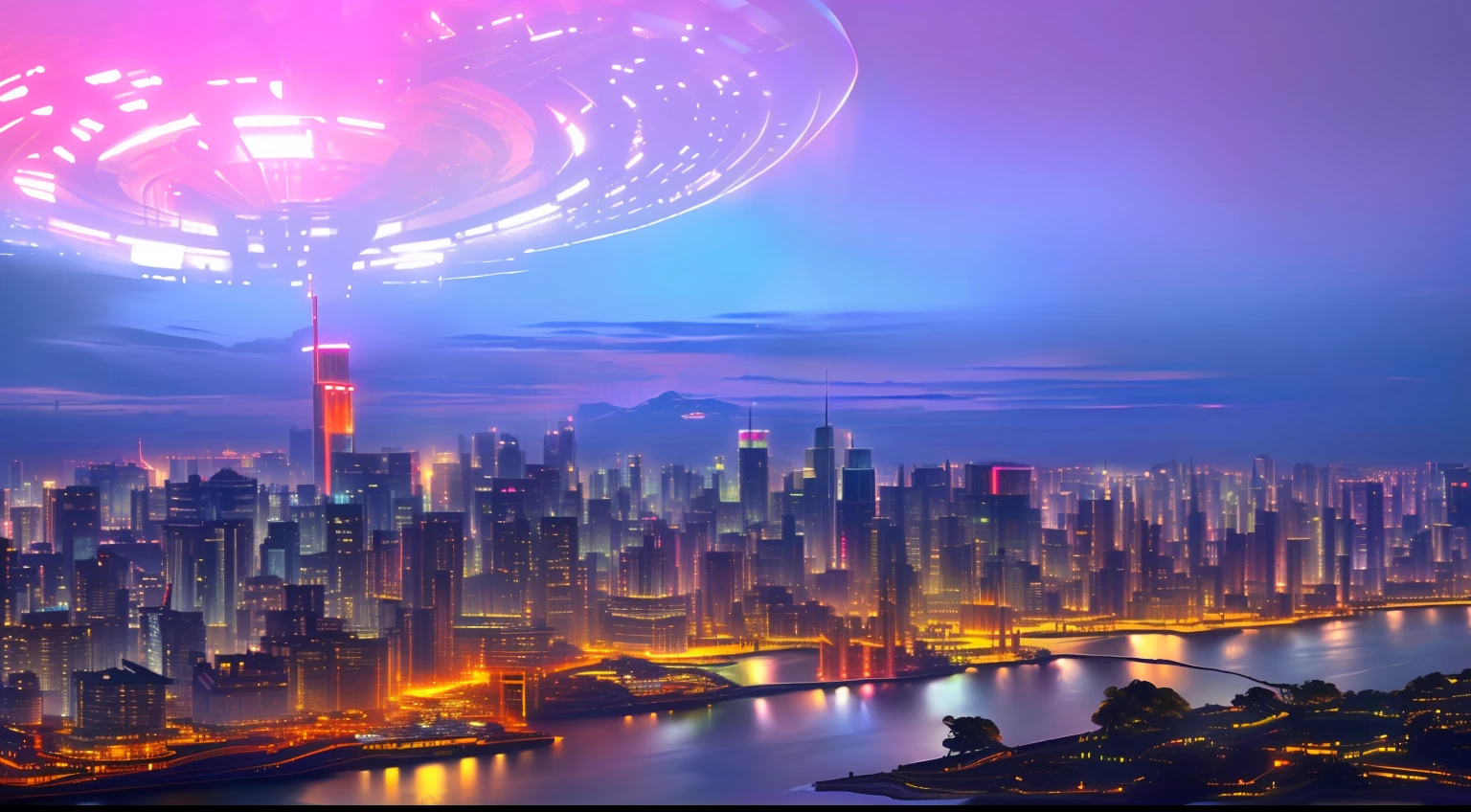 City skyline view with lake and park, illustration by Cha Shibiao, shutterstock, Art Nouveau, Shenzhen, Shenzhen, Shenzhen. Guangjian, the ultra-wide view of the urban landscape, the sci-fi buildings that break through the imagination, all buildings have a sense of technology and are full of technology. A sci-fi blockbuster with a sense of sight. There are flying saucers and spaceships looming in the sky. Architecture combined with lighting. Neon building. Beautiful city of the future, beautiful cityscape, tech city background, Hou porcelain, with a city in the background. Inspired by Makoto Shinkai's popular concept art and masterpieces on pixiv, vision (wide angle lens), super high resolution (fidelity: 1.4), super high quality, extremely detailed CG Unity 8k wallpapers, aesthetics, award winning photography, real High Detail, Detail Enhancement, Blur Removal, Intricacy, Traveling Art. Visually stunning. Beautiful future city, beautiful city, dream land of Chinese people, pexels, blue hour photography, Chinese dreamland, spectacular clouds, fantasy clouds.