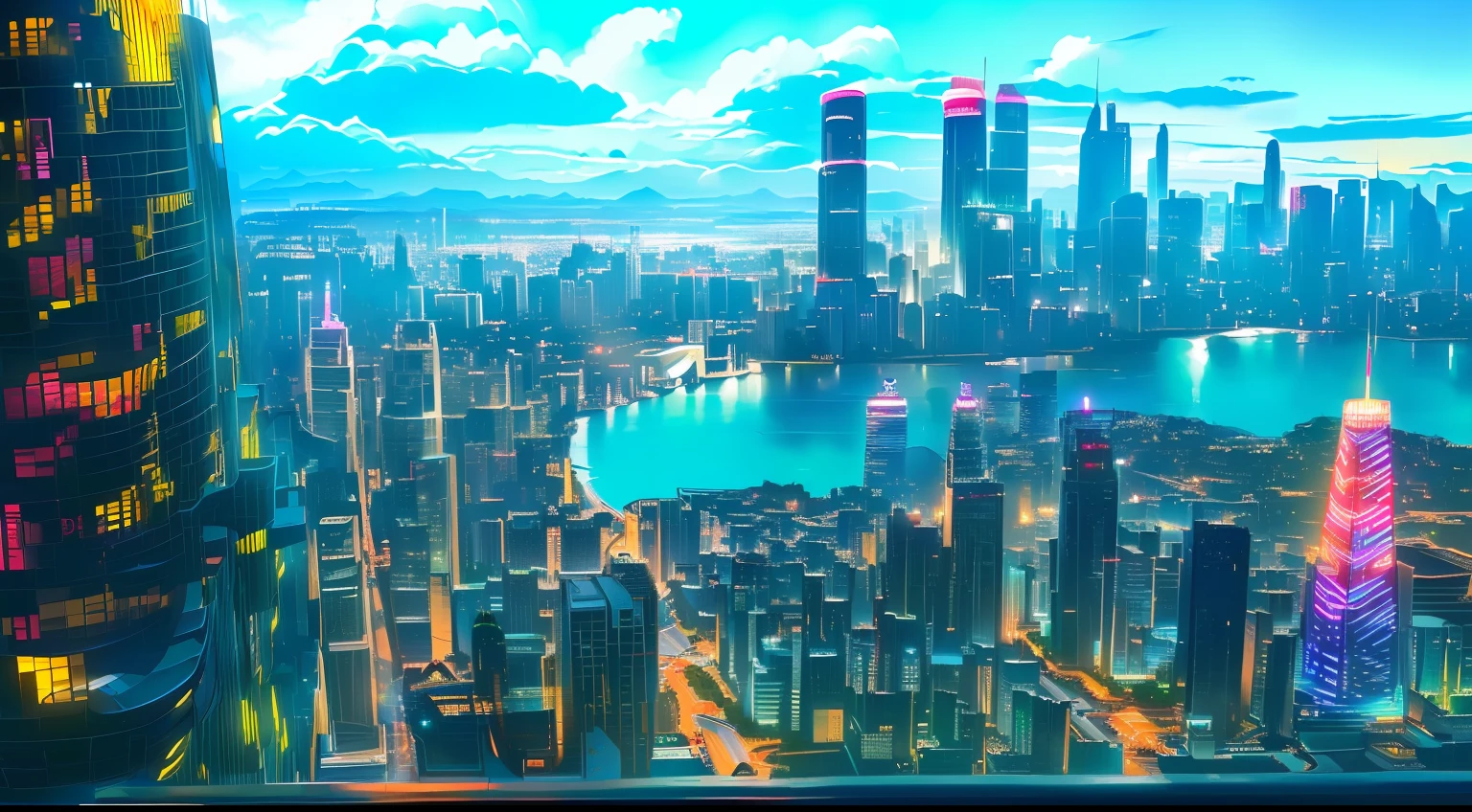 City skyline view with lake and park, illustration by Cha Shibiao, shutterstock, Art Nouveau, Shenzhen, Shenzhen, Shenzhen. Guangjian, the ultra-wide view of the urban landscape, the sci-fi buildings that break through the imagination, all buildings have a sense of technology and are full of technology. A sci-fi blockbuster with a sense of sight. There are flying saucers and spaceships looming in the sky. Architecture combined with lighting. Neon building. Beautiful city of the future, beautiful cityscape, tech city background, Hou porcelain, with a city in the background. Inspired by Makoto Shinkai&#39;s popular concept art and masterpieces on pixiv, vision (wide angle lens), super high resolution (fidelity: 1.4), super high quality, extremely detailed CG Unity 8k wallpapers, aesthetics, award winning photography, real High Detail, Detail Enhancement, Blur Removal, Intricacy, Traveling Art. Visually stunning. Beautiful future city, beautiful city, dream land of Chinese people, pexels, blue hour photography, Chinese dreamland, spectacular clouds, fantasy clouds.