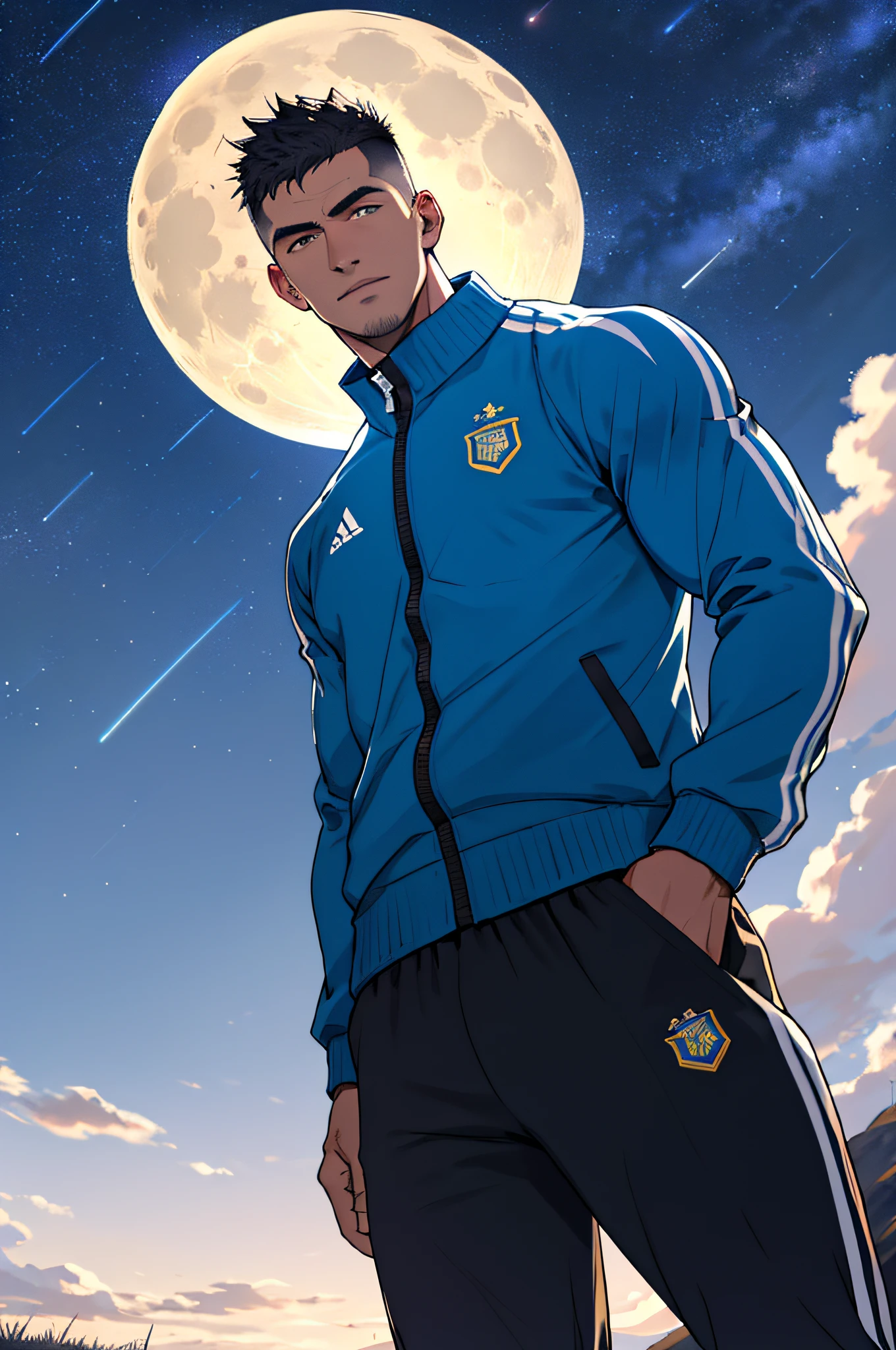 Draw a full-fledged footballer,Standing on the steppe at night,He was wearing a tracksuit,The man looks confident and determined,looking-down,Crew cut,full bodyesbian,Stars dot the sky,shooting from below,Big moon highlights background