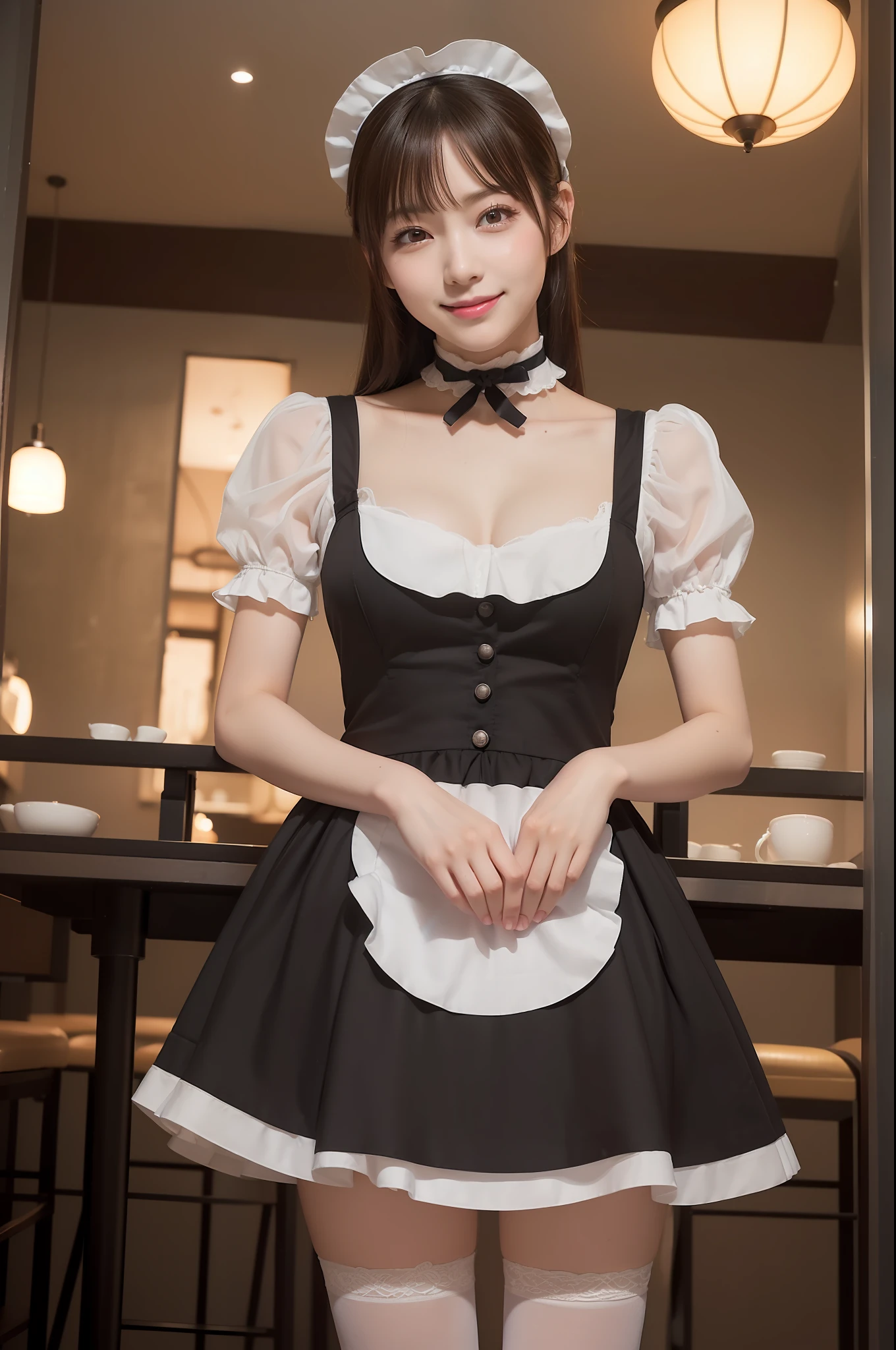 ((masutepiece:1.4, Best Quality)),  (photographrealistic:1.4), Professional Lighting, Physically-based rendering, Japanese Idol, extremely detailed eye and face, (Gentle smile:1.3),(Full body:1.3),( Maid costume, Maid Choker),(At the café 1.3),(From below:1.5)