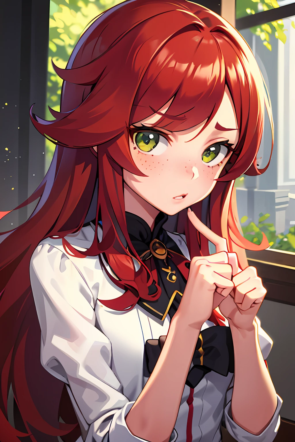 masterpiece, best quality, 1girl, long red hair, green eyes, freckles, upper body, nervous, looking at viewer, index fingers together,