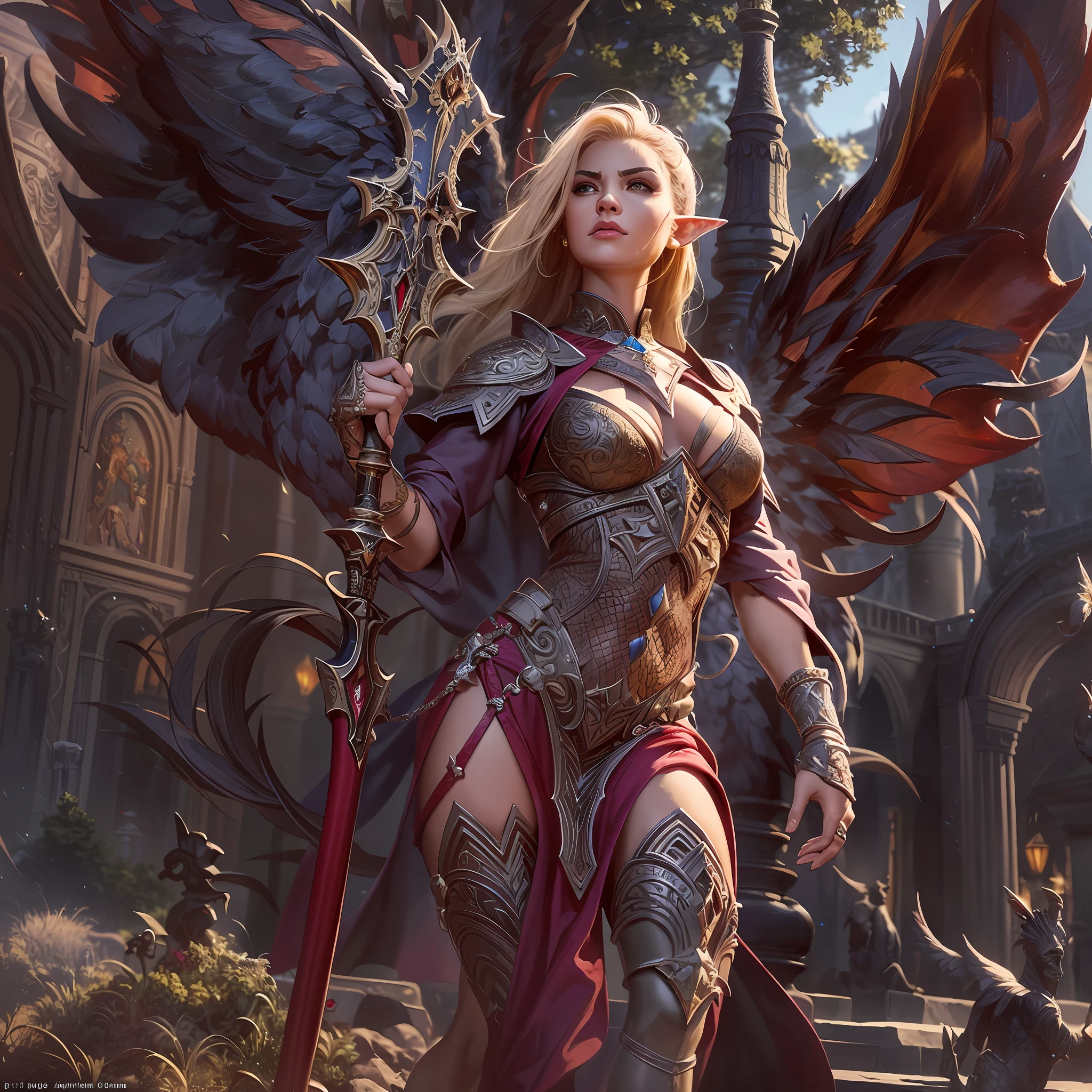 high details, best quality, 8k, [ultra detailed], masterpiece, best quality, (extremely detailed), dynamic angle, ultra wide shot, RAW, photorealistic, fantasy art, dnd art, rpg art, realistic art, a wide angle picture of an epic female elf arcane warrior, warrior of magic, fighter of the arcana, full body, [[anatomically correct]] full body (1.5 intricate details, Masterpiece, best quality) casting a spell (1.5 intricate details, Masterpiece, best quality), casting an epic spell, [colorful magical sigils in the air],[ colorful arcane markings floating] (1.6 intricate details, Masterpiece, best quality) holding an [epic magical sword] (1.5 intricate details, Masterpiece, best quality) holding epic [magical sword glowing in red light]. in fantasy urban street (1.5 intricate details, Masterpiece, best quality), a female beautiful epic elf wearing elven leather armor (1.4 intricate details, Masterpiece, best quality), high heeled leather boots, ultra detailed face,  thick hair, long hair, dynamic hair, fair skin intense eyes, fantasy city background (intense details), sun light, backlight, depth of field (1.4 intricate details, Masterpiece, best quality), dynamic angle, (1.4 intricate details, Masterpiece, best quality) 3D rendering, high details, best quality, highres, ultra wide angle