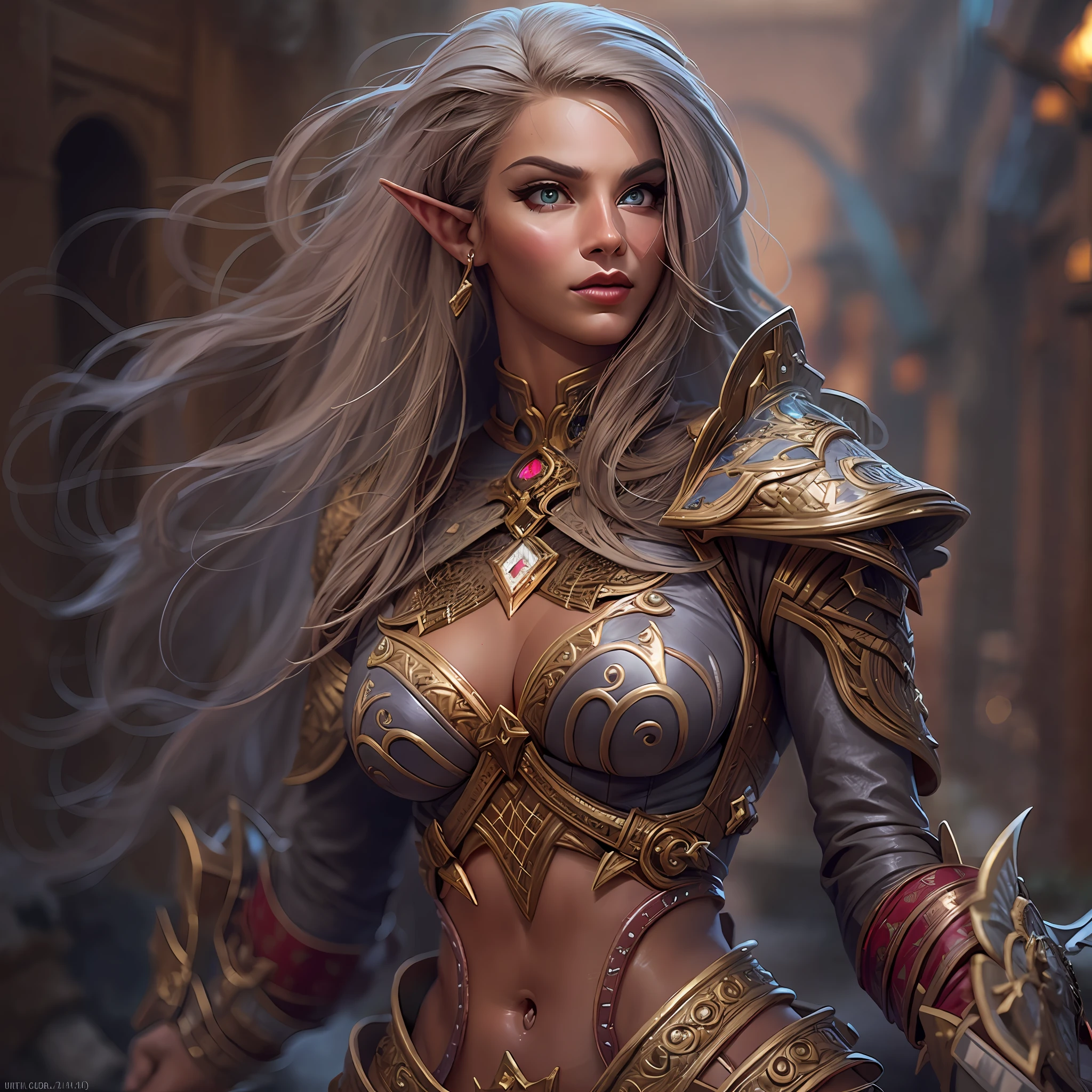 high details, best quality, 8k, [ultra detailed], masterpiece, best quality, (extremely detailed), dynamic angle, ultra wide shot, RAW, photorealistic, fantasy art, dnd art, rpg art, realistic art, a wide angle picture of an epic female elf arcane warrior, warrior of magic, fighter of the arcana, full body, [[anatomically correct]] full body (1.5 intricate details, Masterpiece, best quality) casting a spell (1.5 intricate details, Masterpiece, best quality), casting an epic spell, [colorful magical sigils in the air],[ colorful arcane markings floating] (1.6 intricate details, Masterpiece, best quality) holding an [epic magical sword] (1.5 intricate details, Masterpiece, best quality) holding epic [magical sword glowing in red light]. in fantasy urban street (1.5 intricate details, Masterpiece, best quality), a female beautiful epic elf wearing elven leather armor (1.4 intricate details, Masterpiece, best quality), high heeled leather boots, ultra detailed face,  thick hair, long hair, dynamic hair, fair skin intense eyes, fantasy city background (intense details), sun light, backlight, depth of field (1.4 intricate details, Masterpiece, best quality), dynamic angle, (1.4 intricate details, Masterpiece, best quality) 3D rendering, high details, best quality, highres, ultra wide angle