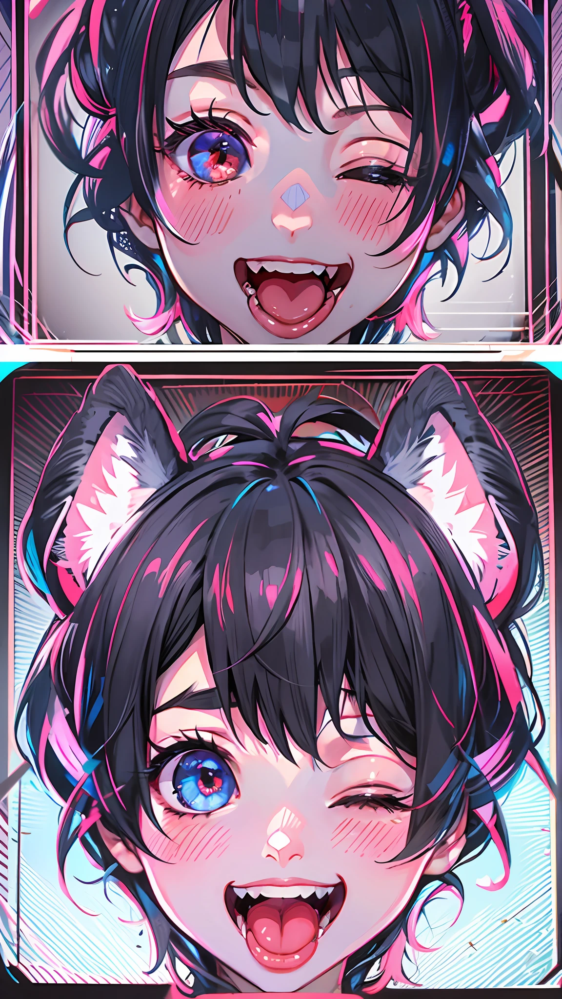 black hair, hair bobbles, wince, longeyelashes, solid circle eyes, fake animal ears, light smile, ear blush, fang, Surrealism, drop shadow, anaglyph, stereogram, tachi-e, pov, atmospheric perspective, 8k, super detail, ccurate, best quality