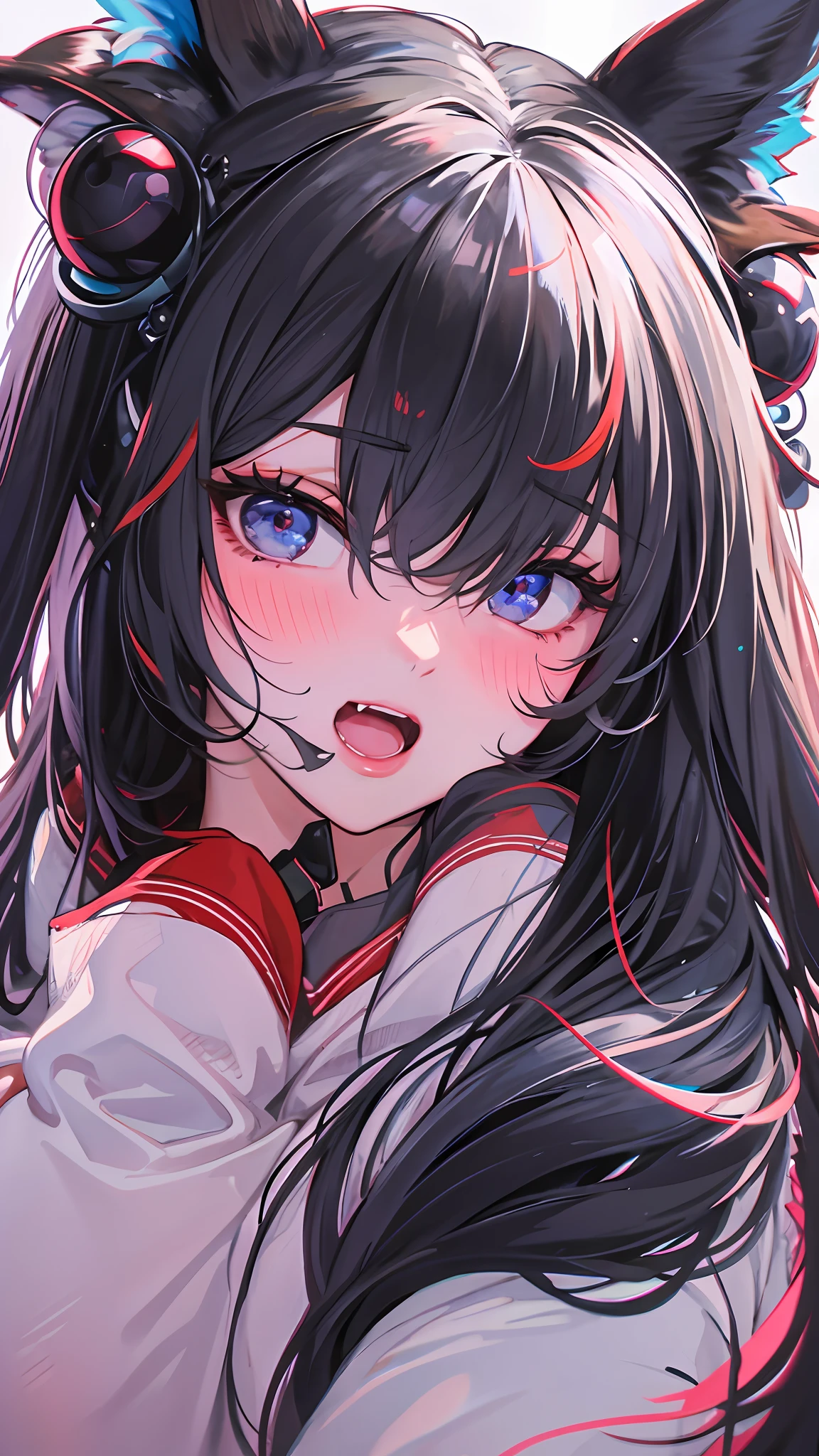 black hair, hair bobbles, wince, longeyelashes, solid circle eyes, fake animal ears, light smile, ear blush, fang, Surrealism, drop shadow, anaglyph, stereogram, tachi-e, pov, atmospheric perspective, 8k, super detail, ccurate, best quality