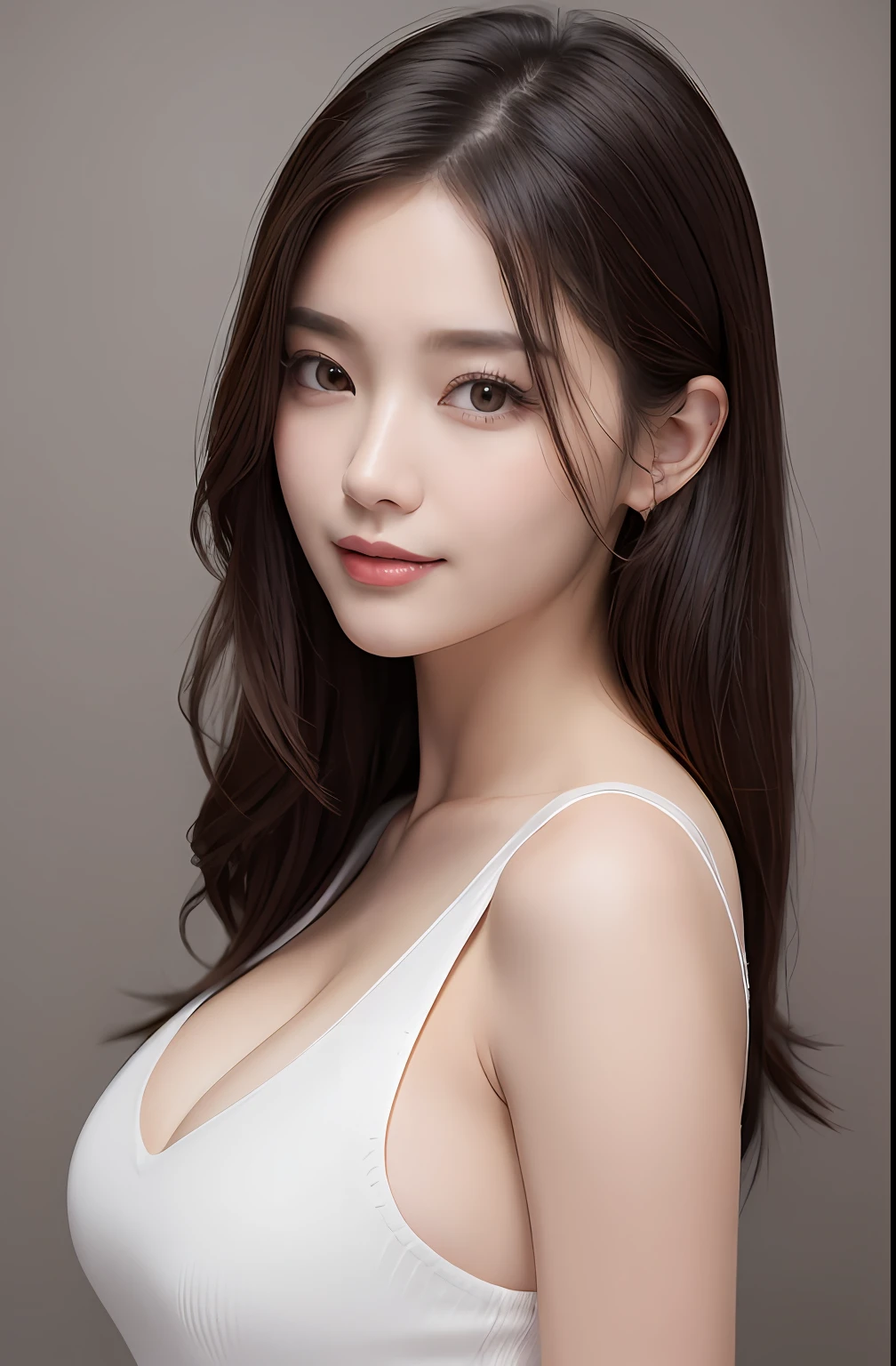 ((best qualtiy、8K masterpiece:1.3))、foco nítido:1.2、(ultra beautiful faces:1.0)、(shiny skins:1.0)、Photos realistic、brunette color hair、Video lighting、High-definition eyes and face、Video lighting、(Korean cute actress)、From the front side、Huge、Extremely large、Extra large、M cup、ssmile、Sleeveless、Wearing a white V-neck dress