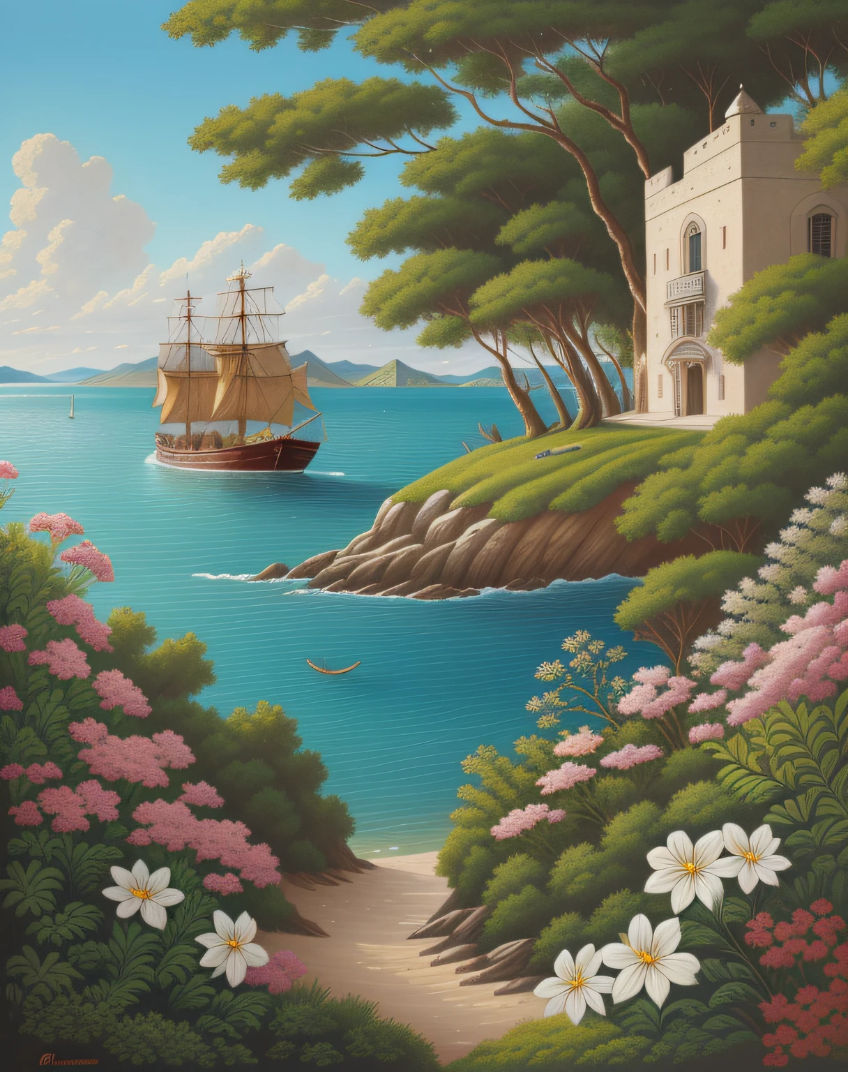 By the pumice island in the Bay of Baie,
And in my sleep I saw old palaces and towers
trembling in the more violent waves,
Here are the detailed prompts for the illustrations in illustrating the poem of Overgrown with Azure Mosses and Flowers:
The background of the painting is the Bay of Bayae. The Bay of Baie is a beautiful bay that faces the Gulf of Naples. The painting depicts the rocky mountains and islands surrounding the bay, as well as the blue sea.
In the center of the painting is an island of pumice stone. Pumice islands are white and round in shape. There are old palaces and towers on the island. Palaces and towers are covered with moss and flowers.
To the right of the painting is a ship sunk in the sea. The ship is old and dilapidated. Fish and shellfish swim around the boat.
To the left of the painting are people sitting on the shore. People are talking while looking at the island. People's faces have expressions of peace.
This painting depicts the beauty of the Bay of Baie and the history of ancient Rome. Looking at the paintings, people will feel like they have traveled back in time to the Bay of Bayae.