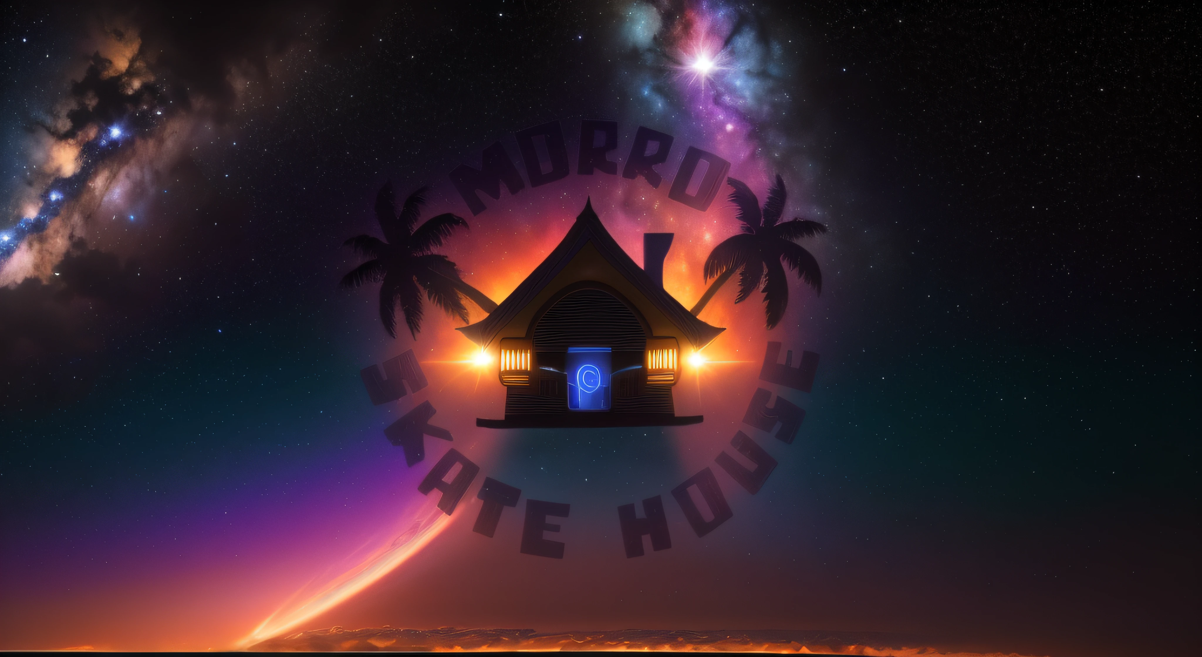 a closeup of a logotype, with a skateboard, a house and palm trees, etiqueta, dia deve, 【 iart 💙💜  🕹️ 😎 🚬, Logo, Logo, 🔥 😎 🕹️ 👀, Black and white logotype, Logotypetype illustrated,  ❤🔥🍄🌪, logo arttype, Modern logotypetype, outer space, galaxy, sistema solar, estrelas, hubble, james webb