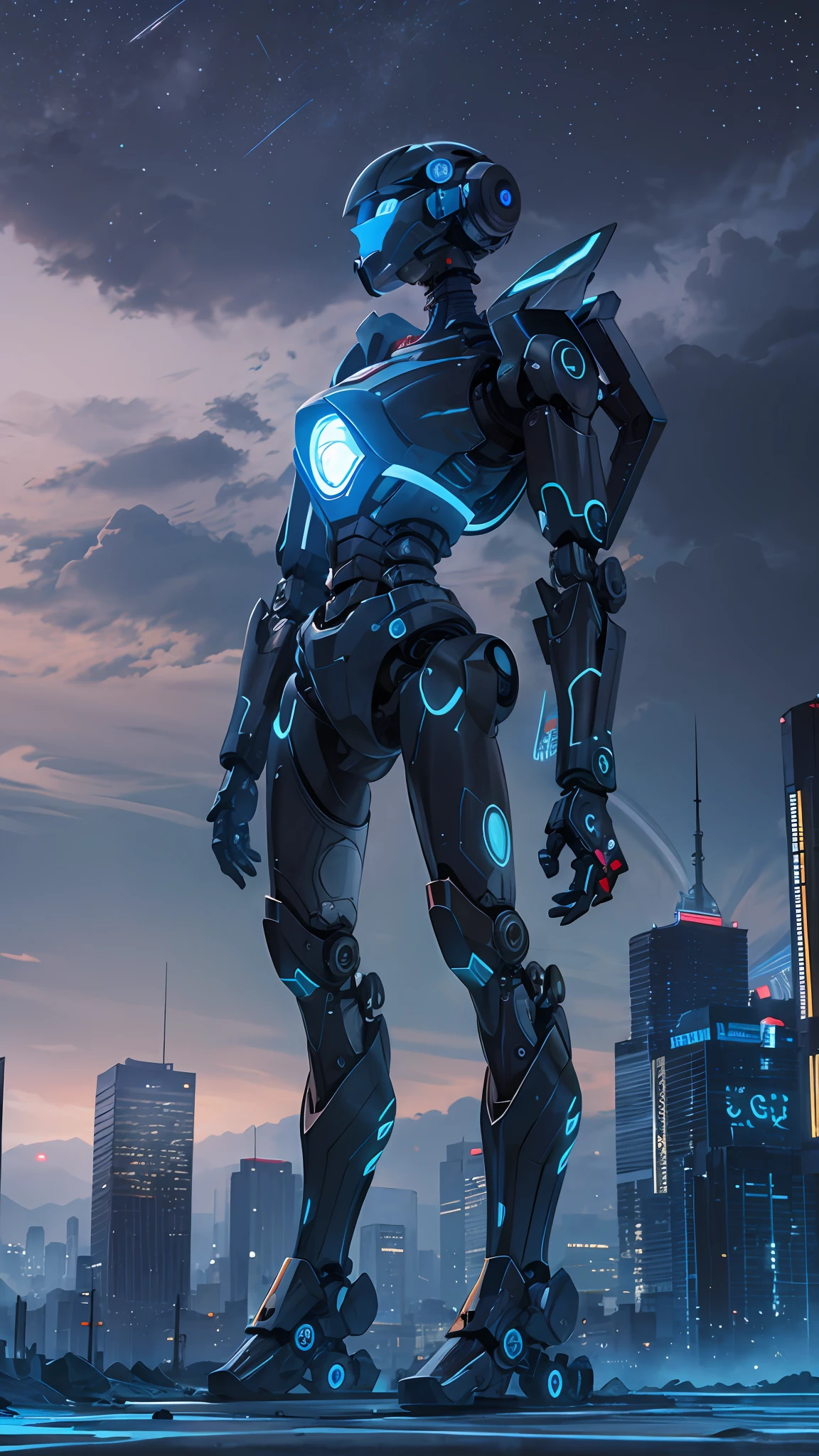 Black color mecha,Background mechanical ring,Floating girl,frontage,Blue fluorescent line tattoo,Floating robotic arm,Suspended artillery,future-tech,Fantasma na Concha,A robot developed in Japan,the ai,There are a lot of blue indicators on the body,Technical aesthetics,apathy,noble,Full body photo,A cinematic scene,Armageddon,City high-rises collapse,starrysky,kosmos