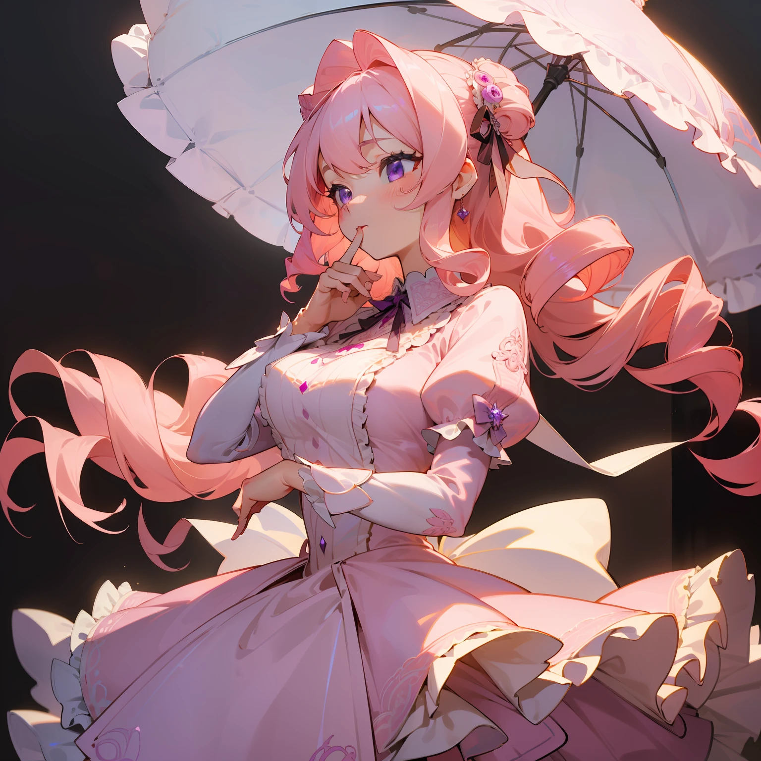 (masterpiece, best quality), intricate details, 8k, sharp focus, (bokeh) (best quality) (detailed skin:1.3) (intricate details) (8k) (detailed eyes) (anime girl) (light pink hair) (busty) (drill hair) (wavy hair) (purple eyes) (elegant) (regal) (vintage) (beautiful) (dynamic pose) (Lolita dress) (lace) (ribbons)