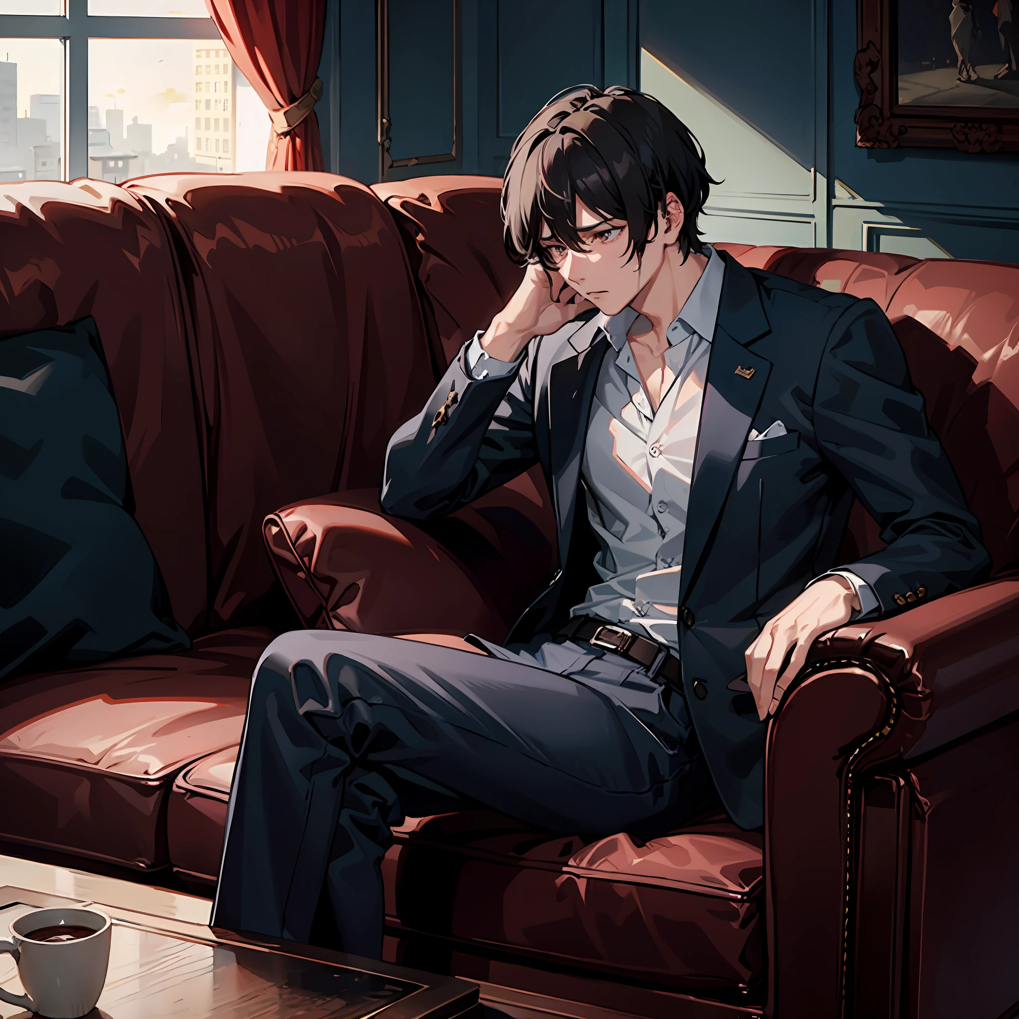 masterpiece,high res,high quality,1man,black hair,1man Sitting on the couch crying with his face in his hands