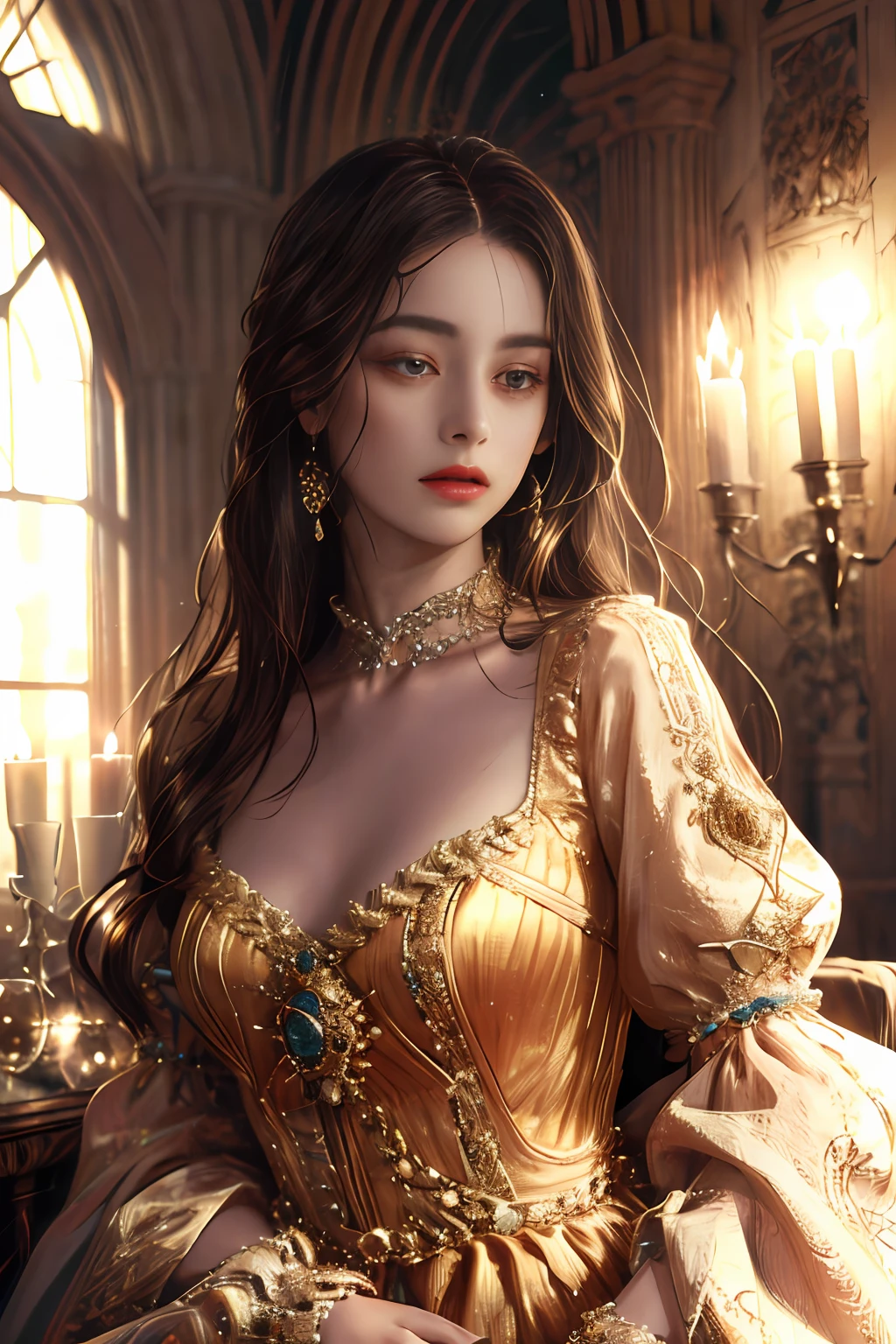 (absurdres, highres, ultra detailed), 1girl, solo, mature, Baroque, long dress, long sleeve, elegant, colorful, highest detailed, upper body