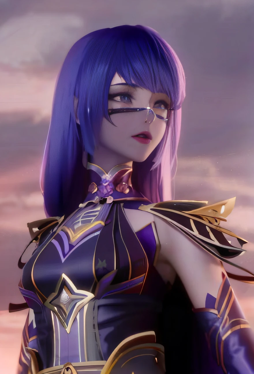 one-girl, Gorgeous Hair in Long Purple，Purple eye，cinematric light，Image quality restoration，There is a headdress，Long purple eyelashes，Purple skirt,Shoulders exposed，anime cgi, Saint-Tsaire，8K，k hd，meticuloso，Meticulous facial features，Shinto Throne，Ultra-clear image quality