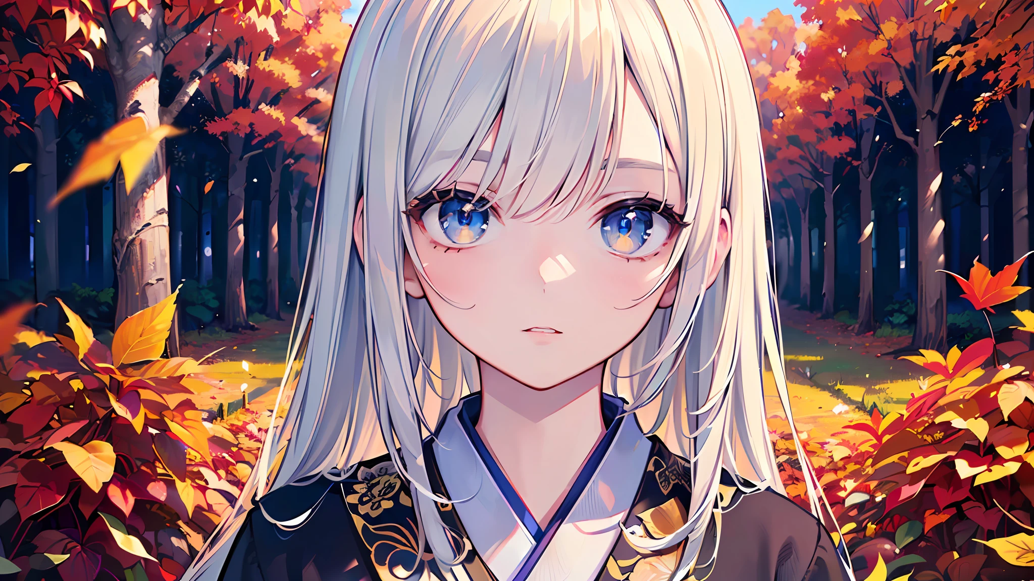 (Masterpiece, top quality, super detailed CG, ultra detailed beautiful face and eyes,super detailed, intricate details:1.2), 8k wallpapers, elaborate features,
(1 person, solo:1.4)perfect cartoon illustration,(1 person, solo:1.4)
(realistic textures:0.8), high res, 1 girl, kimono, autumn, many trees, dancing leaves, mountains, full body painting