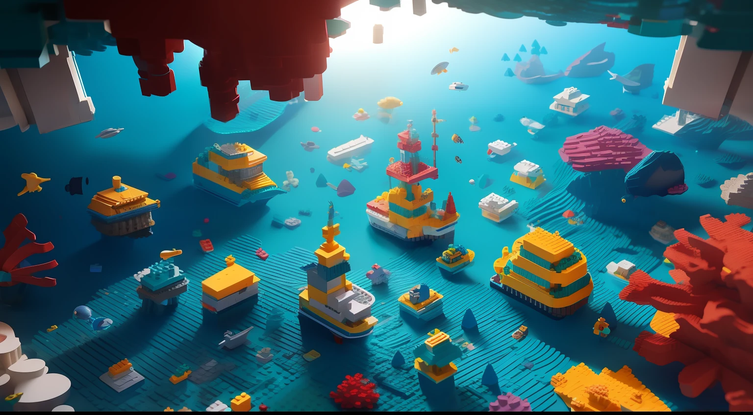 voxel, seabed, lego style, Corals and reefs on the seabed, Building Blocks, Plastic material, underwater lighting, octane render, unreal engine 5, more detail, Top view, Aerial view, Satellite view,LegoAI