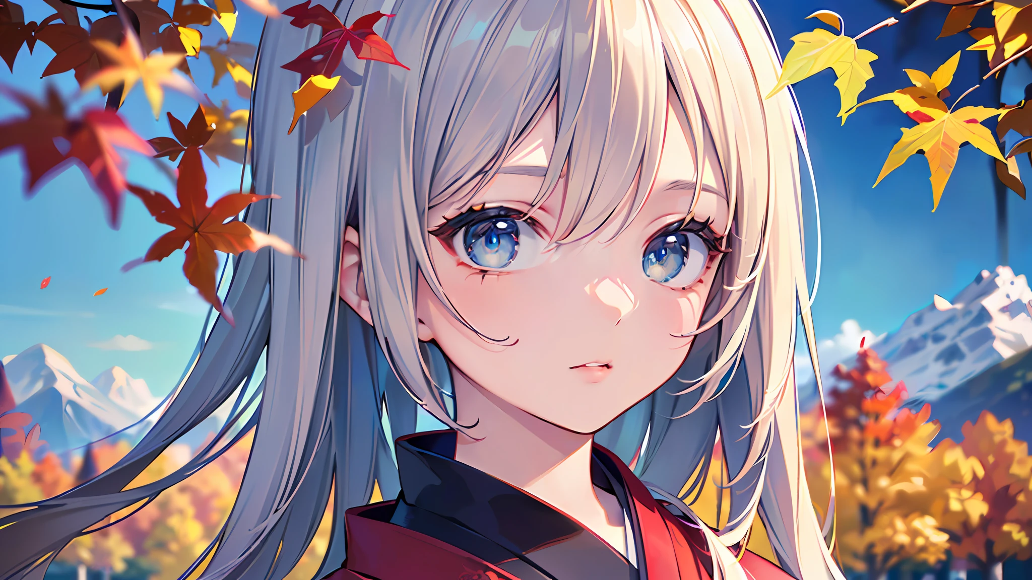 (Masterpiece, top quality, super detailed CG, ultra detailed beautiful face and eyes,super detailed, intricate details:1.2), 8k wallpapers, elaborate features,
(1 person, solo:1.4)perfect cartoon illustration,(1 person, solo:1.4)
(realistic textures:0.8), high res, 1 girl, kimono, autumn, many trees, dancing leaves, mountains, full body painting