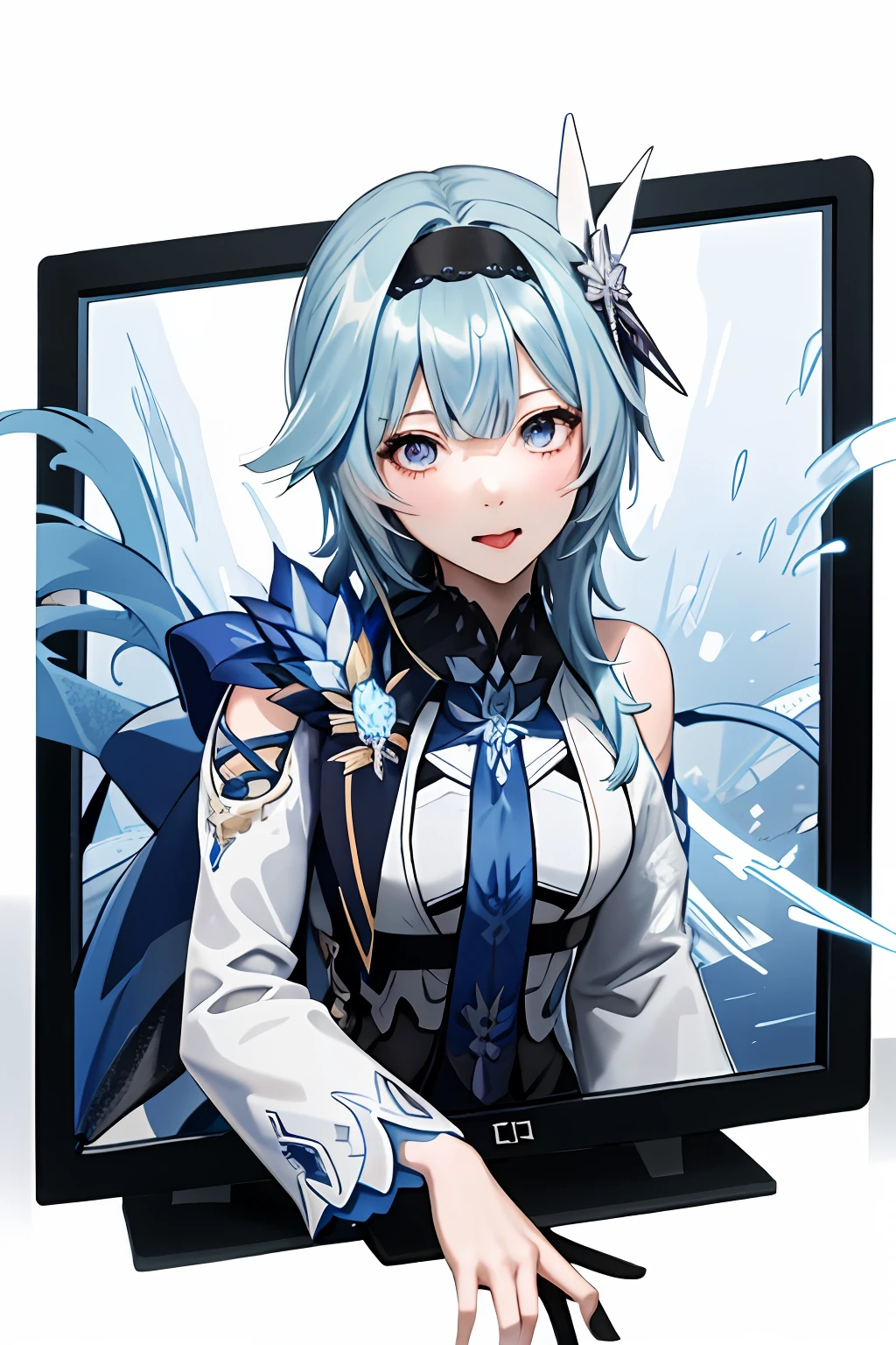 eula ghenshin impact, ghenshin impact eula, anime girl with blue hair playing a game on a computer, masterpiece,1girl, solo, through screen, monitor, white strapless dress, tongue out, hair over one eye, white dress,torn clothes, long hair,blue hair, very long hair