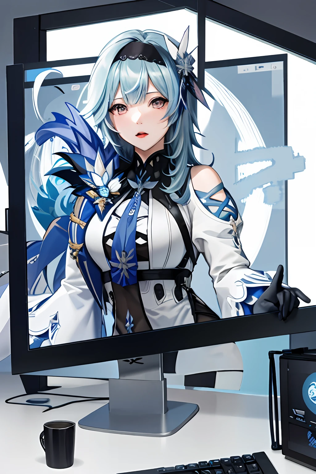 eula ghenshin impact, ghenshin impact eula, anime girl with blue hair playing a game on a computer, masterpiece,1girl, solo, through screen, monitor, white strapless dress, tongue out, hair over one eye, white dress,torn clothes, long hair,blue hair, very long hair