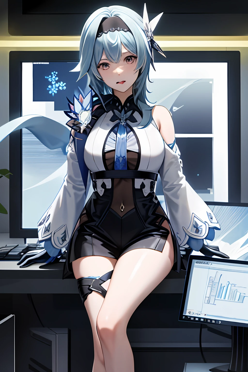 eula ghenshin impact, ghenshin impact eula, anime girl with blue hair playing a game on a computer, masterpiece,1girl, solo, through screen, monitor, white strapless dress, tongue out, hair over one eye, white dress,torn clothes, long hair,blue hair, very long hair