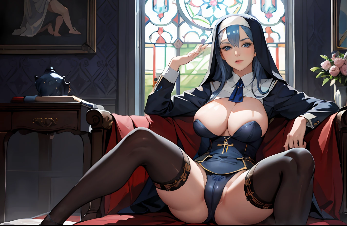 1Women, mature, blue hair, blue eyes, realistic, sidelighting, wallpaper, big tits, (nun), church, landscape, doggystyle position, mating,