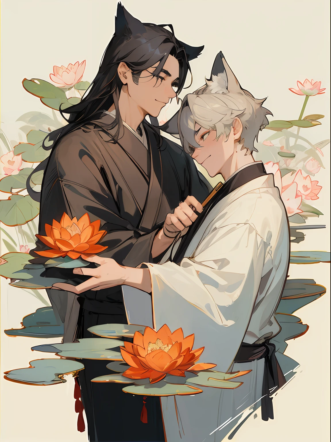 ((4K、masterpiece、top-quality))、(Two men smiling face to face)、Gray-haired man with beautiful fox ears、Strong man with black hair with wolf ears、ink and watercolor painting、Traditional Chinese Ink Painting、lotuses、Hanfu、Maxi Kit、Dress conservatively、Animal ears,、bule、florals、Lots of flowers nearby、shenron、extra detailed face
