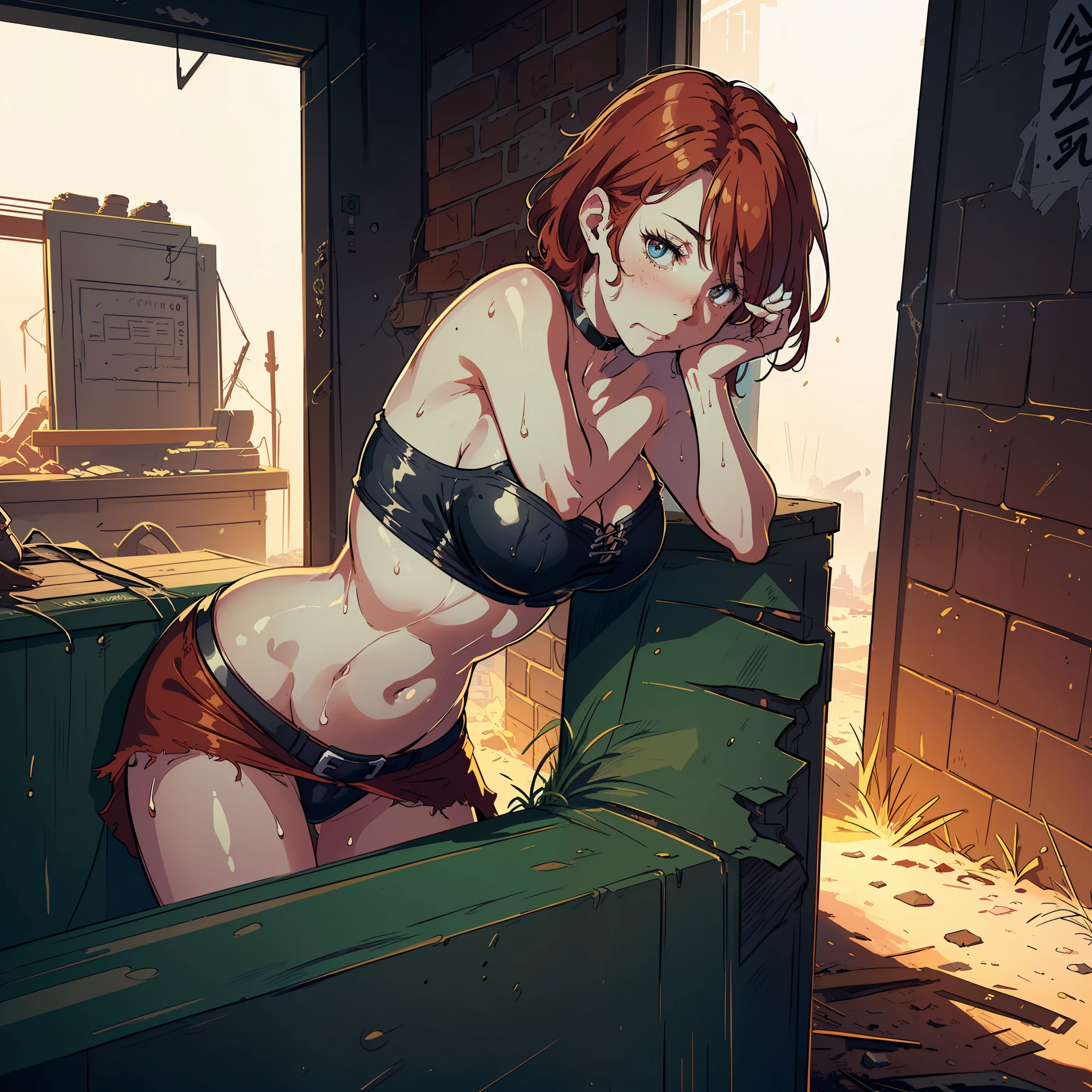 (((1 girl))),((The Old Wanderer's Clothes)) , (((8K,2 thousand.))),(tmasterpiece))), (((beste-Qualit))), (Ultra-detailed) ((highly detailed CG illustration)), ((Extraordinarily gentle and beautiful face)),,a 1girl,( ConceptArt) , , (tmasterpiece:1.2), (beste-Qualit:1.3), (One backstory, whitebackground: 1.3),(((CHARACTERS OF THE POST-APOCALYPTIC WORLD OF THE WASTELAND))), ((( Post-apocalyptic wasteland))), ((( Extremely embarrassed face))),, ((((Very red embarrassed face) ))), (((hides large breasts))), ((((hid around the corner)))) , (((hide-and-seek))), (grimalkin),((((leaning )))), ((((The eyes are drawn in the style of manga)))), (Sateen), ((wet skin)), Redhead,( waving his hands ),(((in the tavern)))