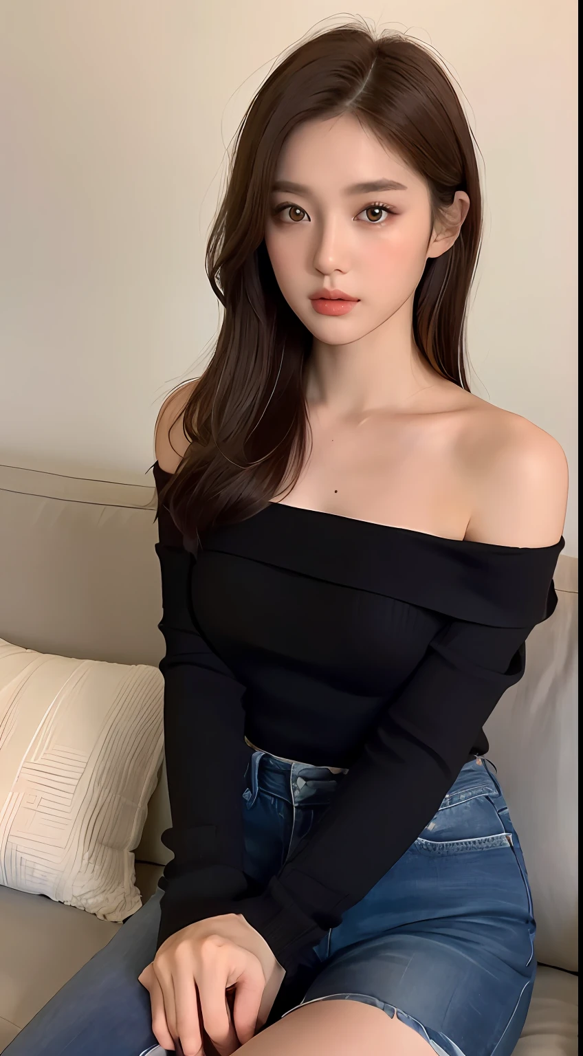 ((Night view, realistic light, best quality, 8k, masterpiece: 1.3)), 1girl, pretty woman with slim figure: 1.4, (brown hair, medium breasts: 1.3), off-the-shoulder cut top: 1.3, sofa, super detailed face, detailed eyes, double eyelids