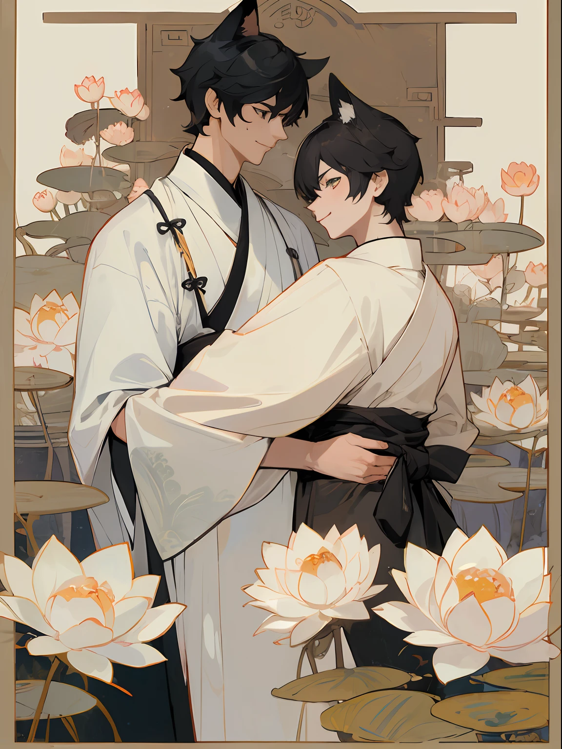 ((4K、masterpiece、top-quality))、(Two men smiling face to face)、Gray-haired man with beautiful fox ears、Strong man with black hair with wolf ears、ink and watercolor painting、Traditional Chinese Ink Painting、lotuses、Hanfu、Maxi Kit、Dress conservatively、Animal ears,、bule、florals、Lots of flowers nearby、shenron、extra detailed face