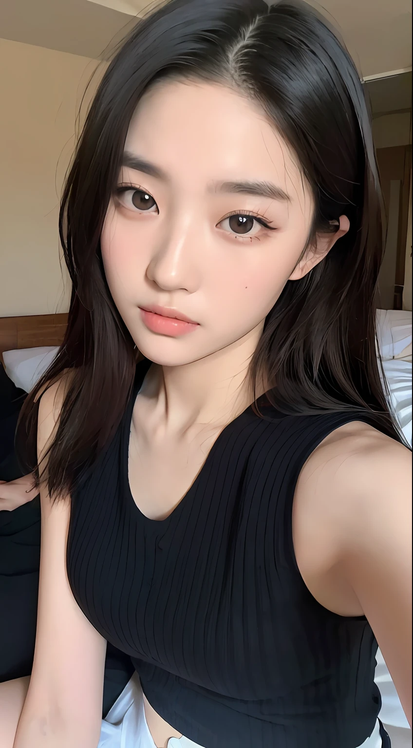 ((Top quality, 8k, Masterpiece: 1.3)), beauty, hidden face, 2 girls, beauty: 1.3, slender abs: 1.1, camisole vest, long black hair, (sitting on bed), ultra-detailed face, highly detailed lips, detailed eyes, double eyelids