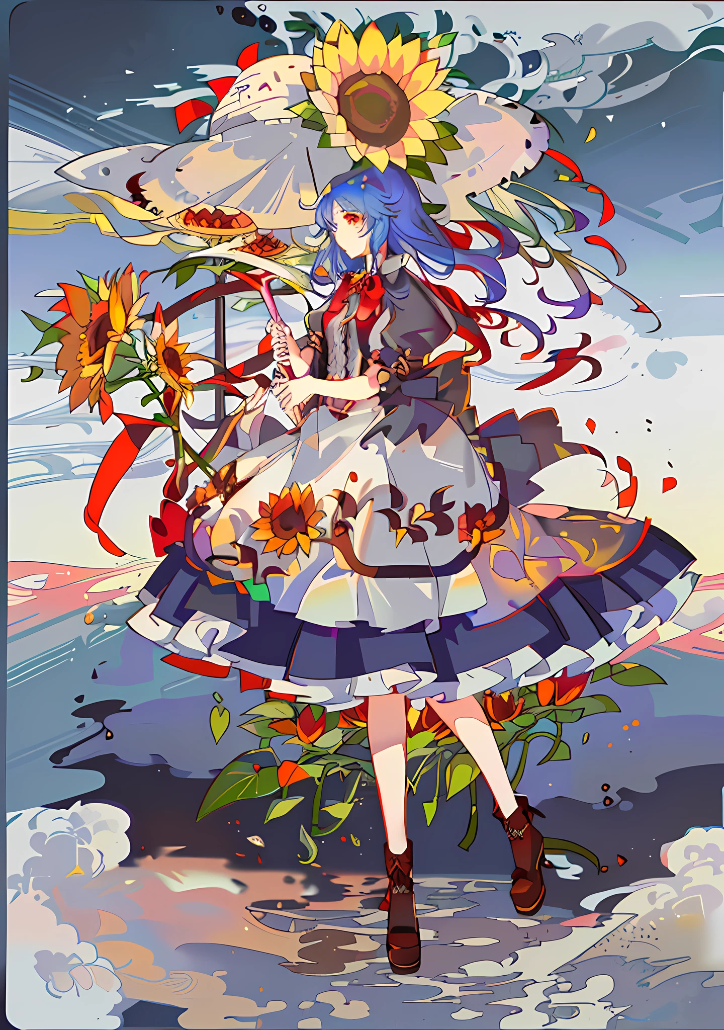 Anime girl wearing red dress,Holding a white umbrella in a sunflower field, beautiful sunflower anime girl, from touhou, loli in dress,, Loli,touhou project, Anime moe art style, scene : Sunflower field, scene: Sunflower field, ,Witches and staff