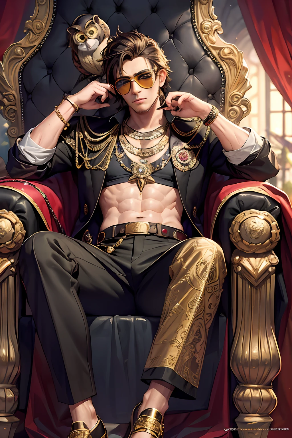 masterpiece, best quality, photorealistic ,fashionmonkey, gorilla, eyewear on head, gears, gem, goggles , gold, jewelry, magic circle,male_focus, owl, pants, shoes, sunglasses, tassel, throne,