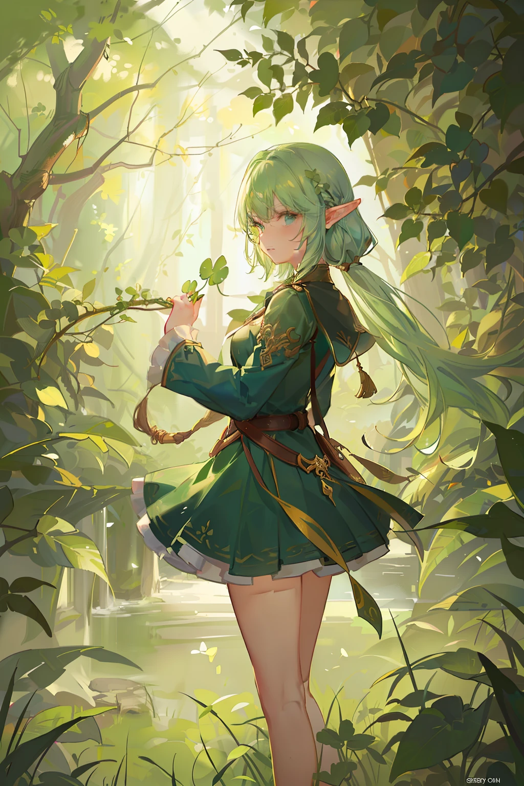 ln the forest，the elf，Colorful hair，short  skirt，，Lots of four-leaf clover，There is light spilling down