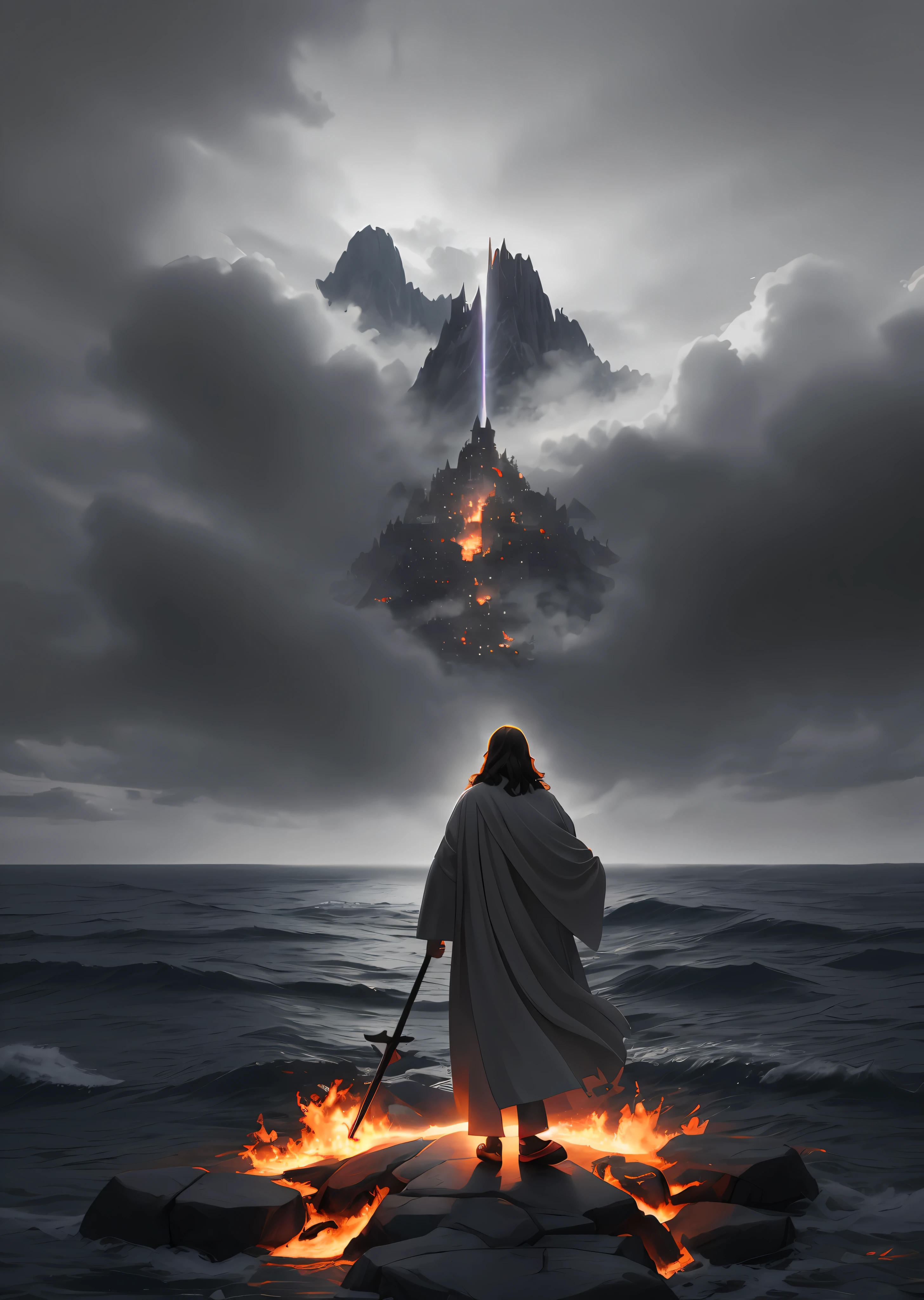 jesus walking on a sea of fire warding off evil, masterpiece, slate gray atmosphere,best quality, high quality, 8k unit wallpaper extremely detailed, award-winning photography, Bokeh, Depth of Field, HDR, bloom, chromatic aberration, photorealistic, extremely detailed, trend in artstation, trend in CGsociety, intricate, high detail, dramatic, art in the middle of the journey, volumetric lighting