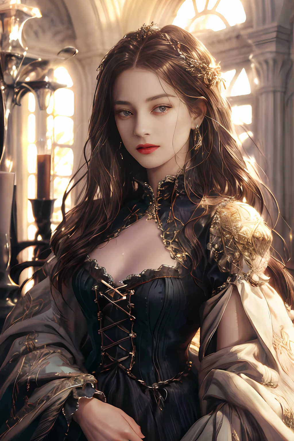 (absurdres, highres, ultra detailed), 1girl, solo, mature, Baroque, long dress, long sleeve, elegant, colorful, highest detailed, upper body