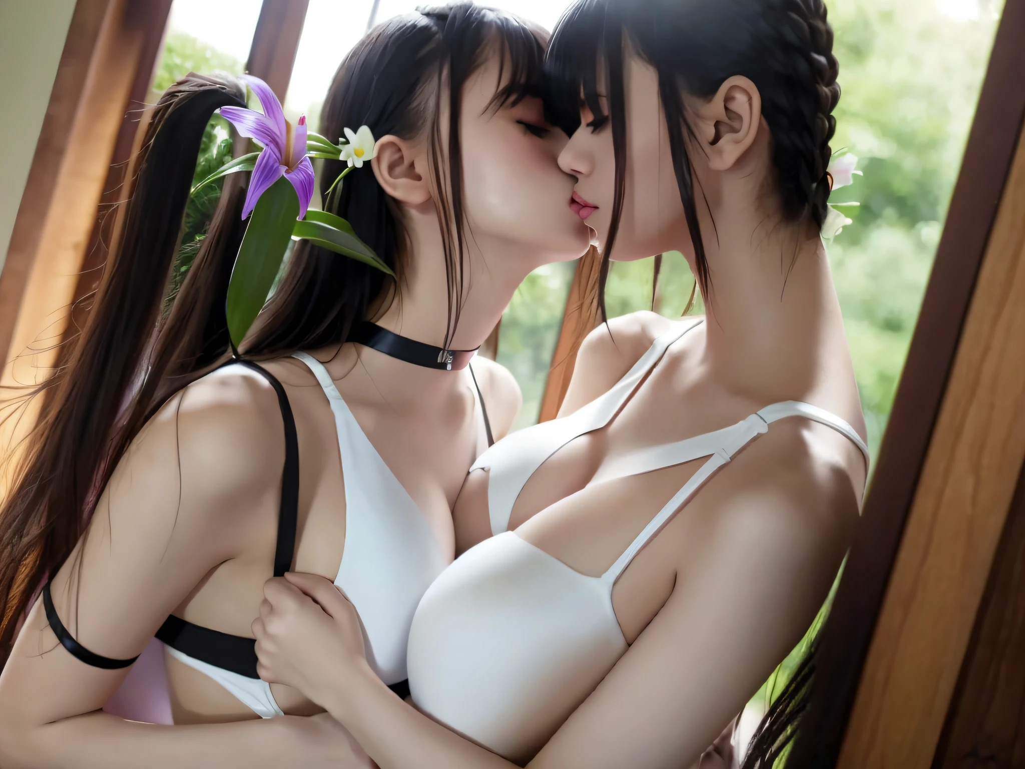 masterpiece、top-quality、full body Esbian、bangss、Black Choker、2girls、lilies、Lesbian kiss、the kiss、(Dark hair)、long、hug、cleavage of the breast、Plump breasts、White sheer swimsuit、Slimed、see -through、