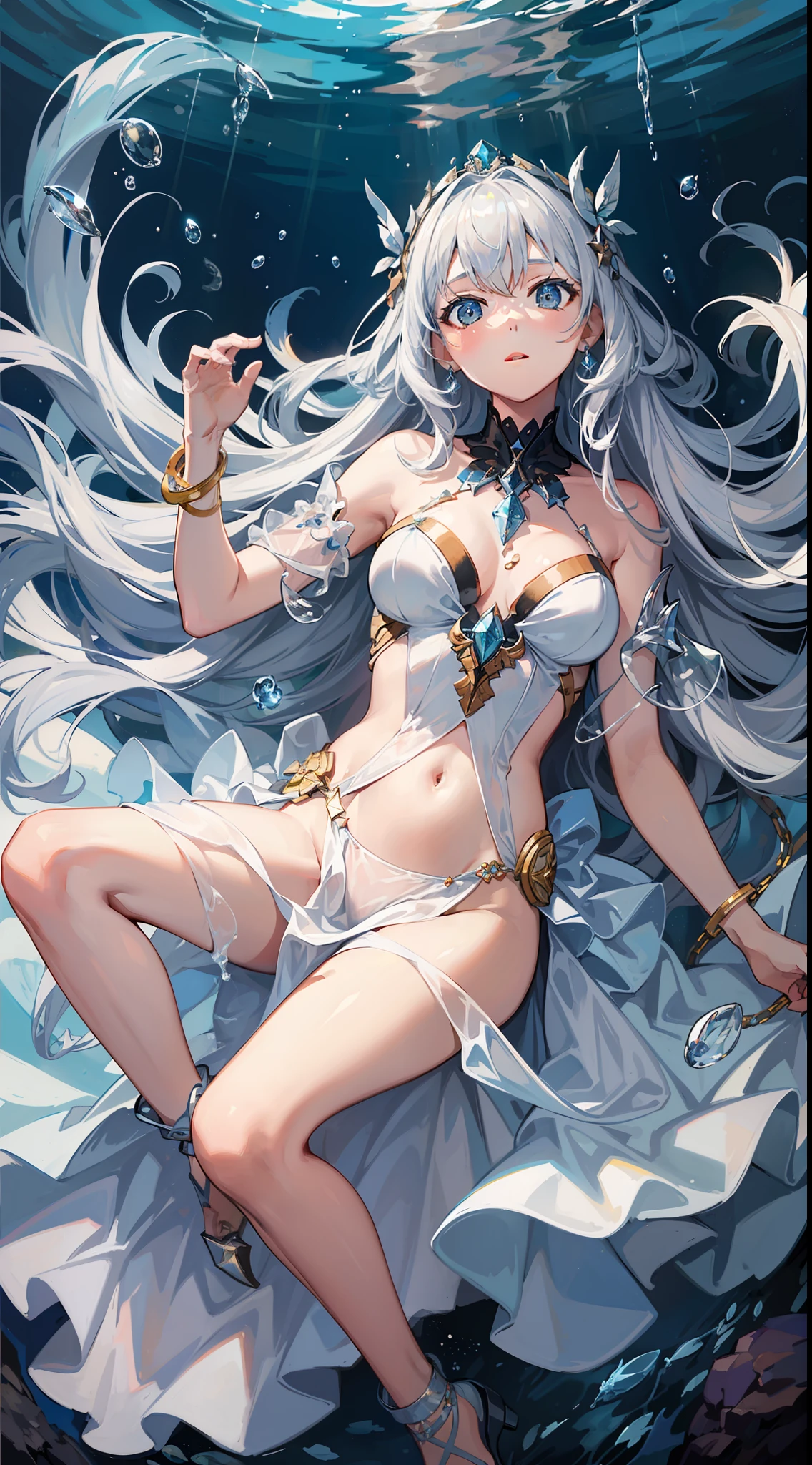 a goddess swimming under the deep sea with white dress, her hair is see through and twinkle,look up shot, (lighting from up:1.5), masterpiece, best quality, her both hands and legs are silver chained,half close eyes, she arounded by small fishes,