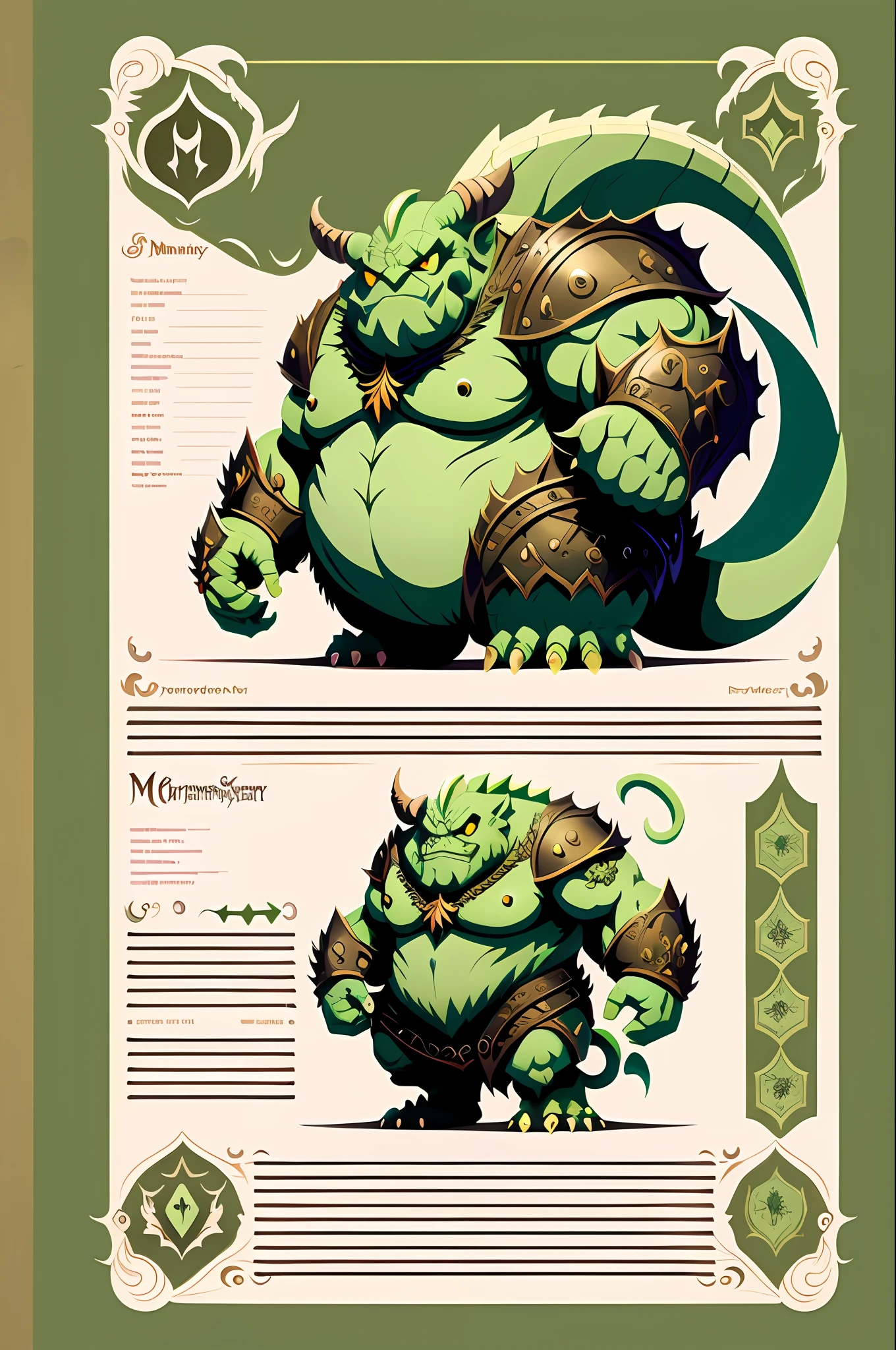 fantasy monster, by bestiary_style, masterpiece, best quality, minimalist, turnaround sheet, character chart, reference sheet, multiple poses, ogre, vector, white background, character model