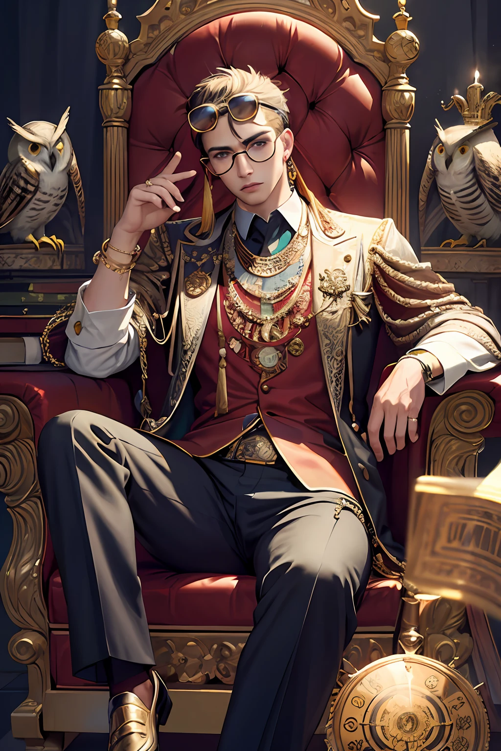 masterpiece, best quality, photorealistic, fashionmonkey, glasses on the head, gears, gem, glasses, gold, jewelry, magic circle, male_focus, owl, pants, shoes, sunglasses, tassel, throne,