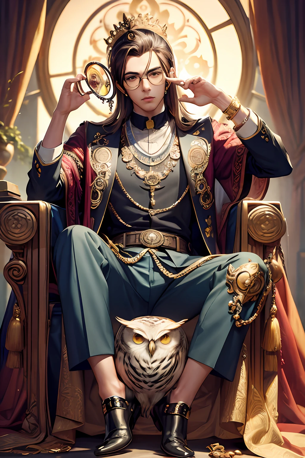 masterpiece, best quality, photorealistic, fashionmonkey, glasses on the head, gears, gem, glasses, gold, jewelry, magic circle, male_focus, owl, pants, shoes, sunglasses, tassel, throne,