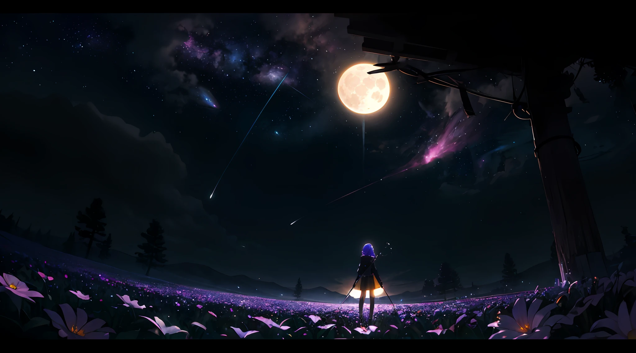 expansive landscape photograph , (a view from below that shows sky above and open field below), a girl standing on flower field looking up, (full moon:1.2), ( shooting stars:0.9), (nebula:1.3), distant mountain, tree BREAK
production art, (warm light source:1.2), (Firefly:1.2), lamp, lot of purple and orange, intricate details, volumetric lighting BREAK
(masterpiece:1.2), (best quality), 4k, ultra-detailed, (dynamic composition:1.4), highly detailed, colorful details,( iridescent colors:1.2), (glowing lighting, atmospheric lighting), dreamy, magical, (solo:1.2)