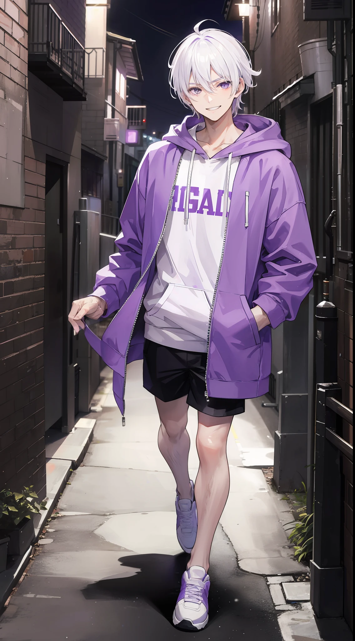 A man, white hair and white eyes, wearing purple hoodie, standing in small alley, night, badass, mascular, big smile