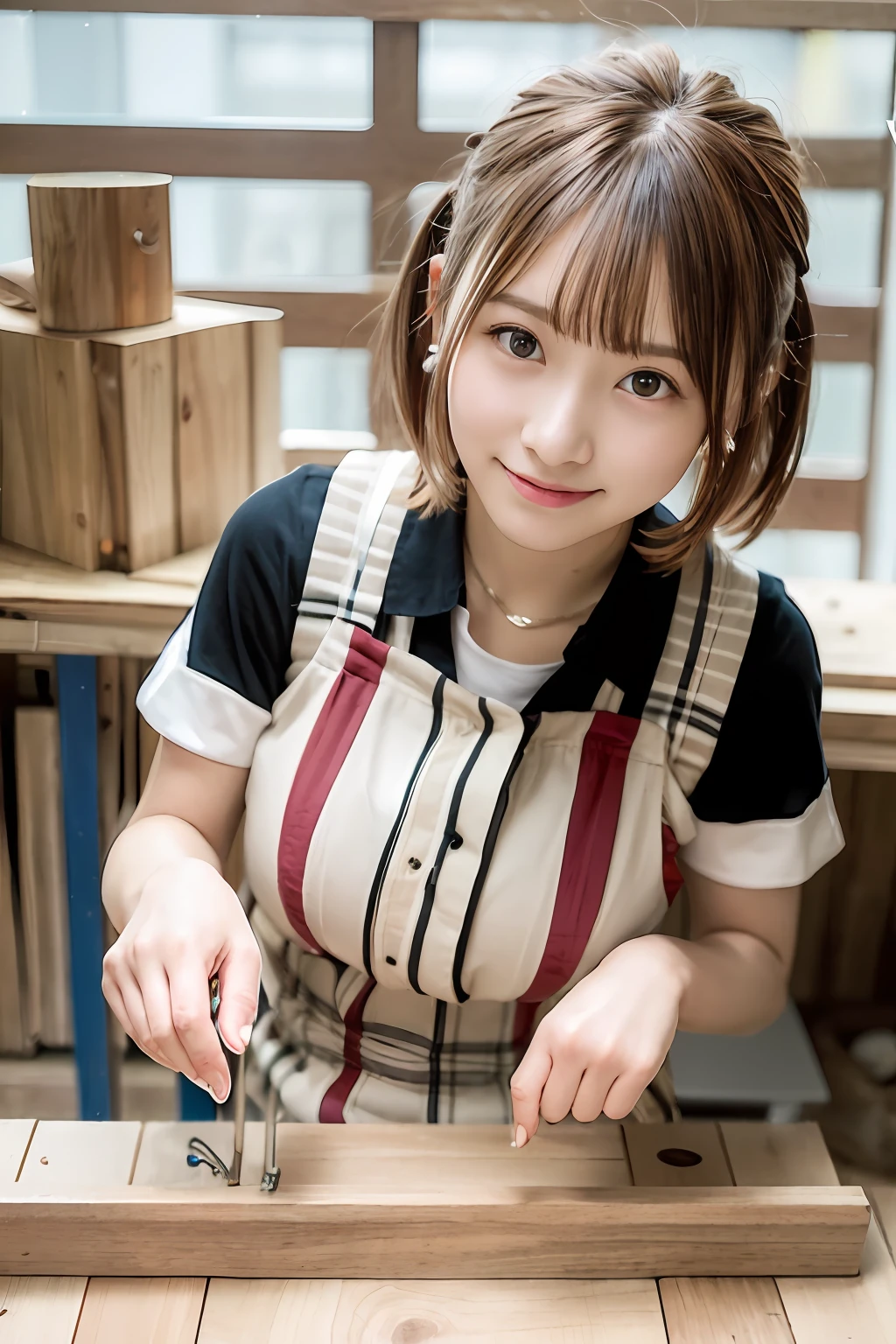 Best Quality, 超A high resolution,Photorealsitic,Beautiful carpenter girl in Japan、Smile,Light brown and shocking pink striped hair,Straight short hair,poneyTail、hair pin、Colossal tits、Japan Temple Carpenter Men's Uniform,Cutting wood with a planer on a woodworking shop workbench、Work professionally、Planing at scale、Beautiful fingertips、Sunlight、Movie Light、