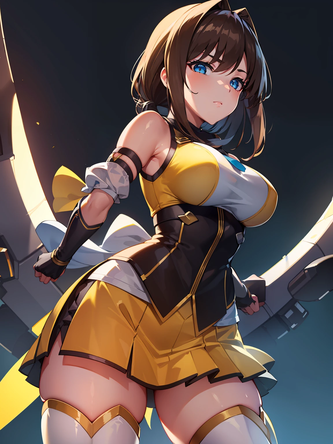 (ultra extreme details),(masterpeace),(hyper extreme),(Photorealistic),CG,(colours:1.2), Beautiful lighting,Light from the front, Solo,takamori_Haruka,Blue eyes,Brown hair,shairband,Yellow dress, white thighhighs, White skirt, Black split sleeves,