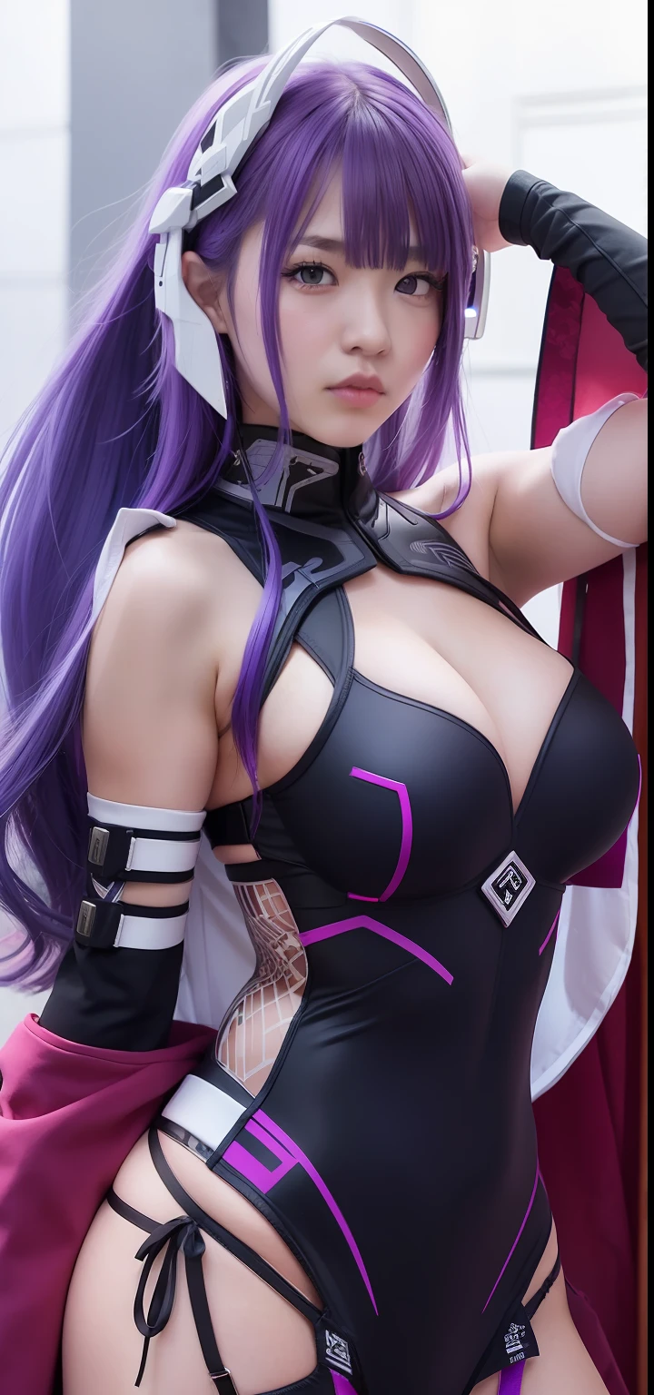 1girl, raiden shogun, sexy clothes, purple hair, realistic, ultra detail, 70mm lens,