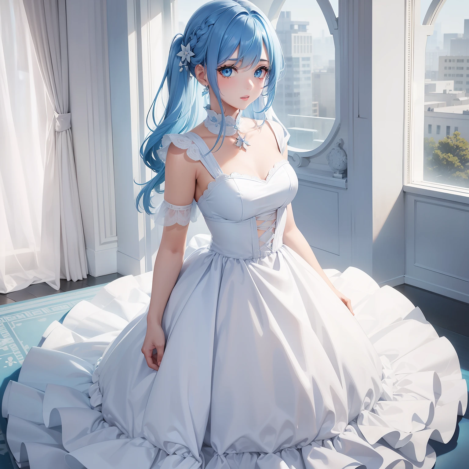 a women, blue hair, blue eyes, white dress